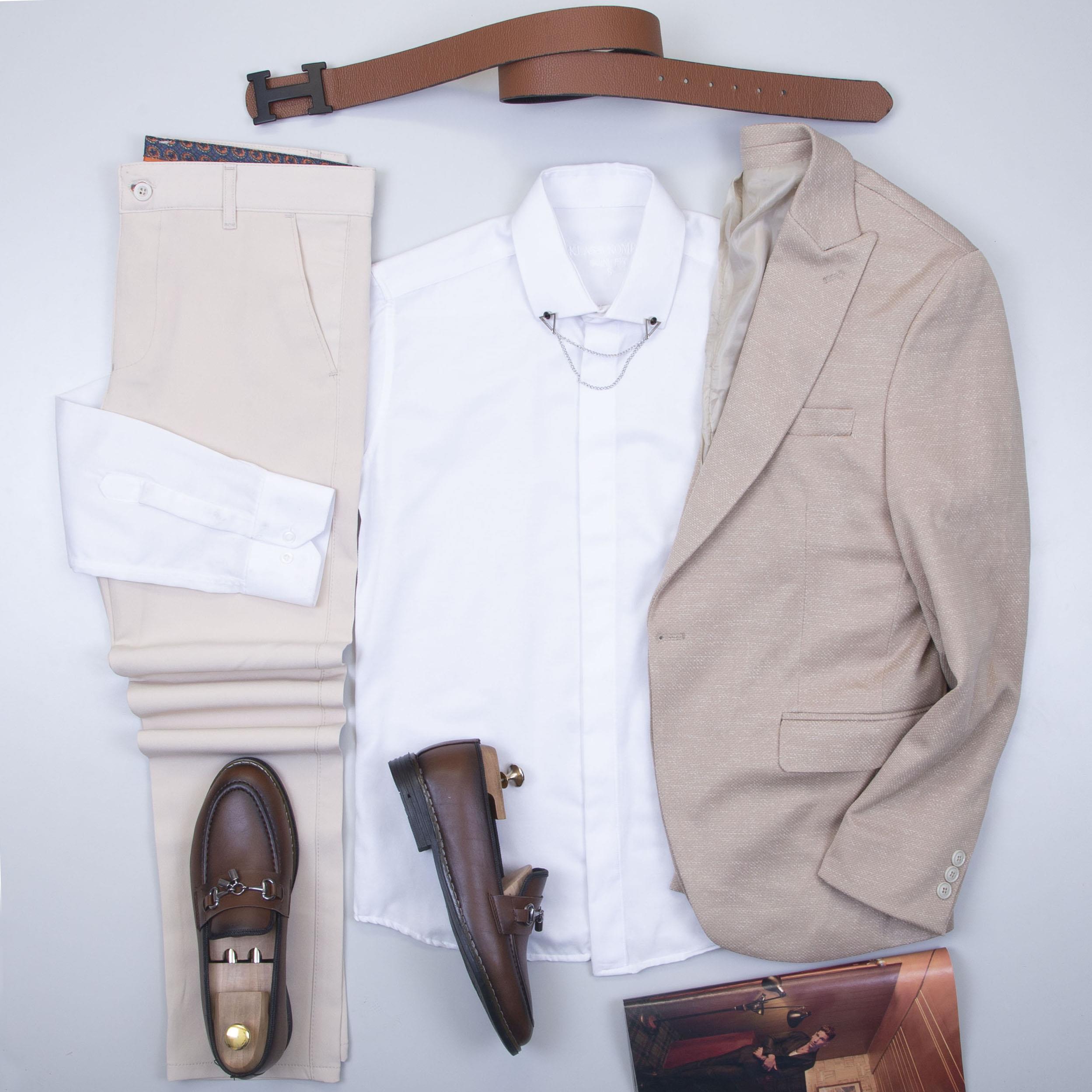 Bej Kırçıllı  Blazer Ceket Gömlek Pantolon Ayakkabı Kombin