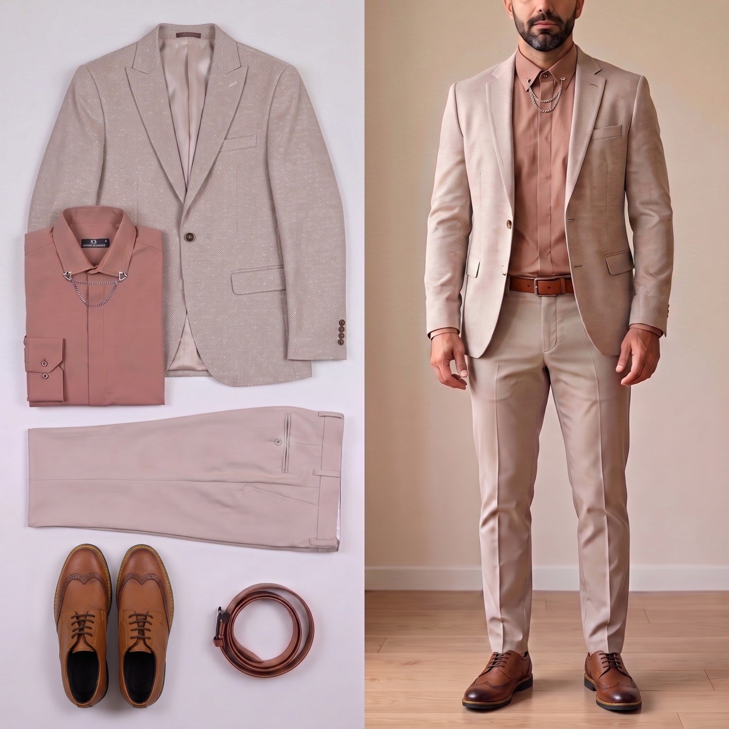 Bej Kırçıllı Blazer Ceket Kombini Erkek | Slim Fit Şık Komple Set 
