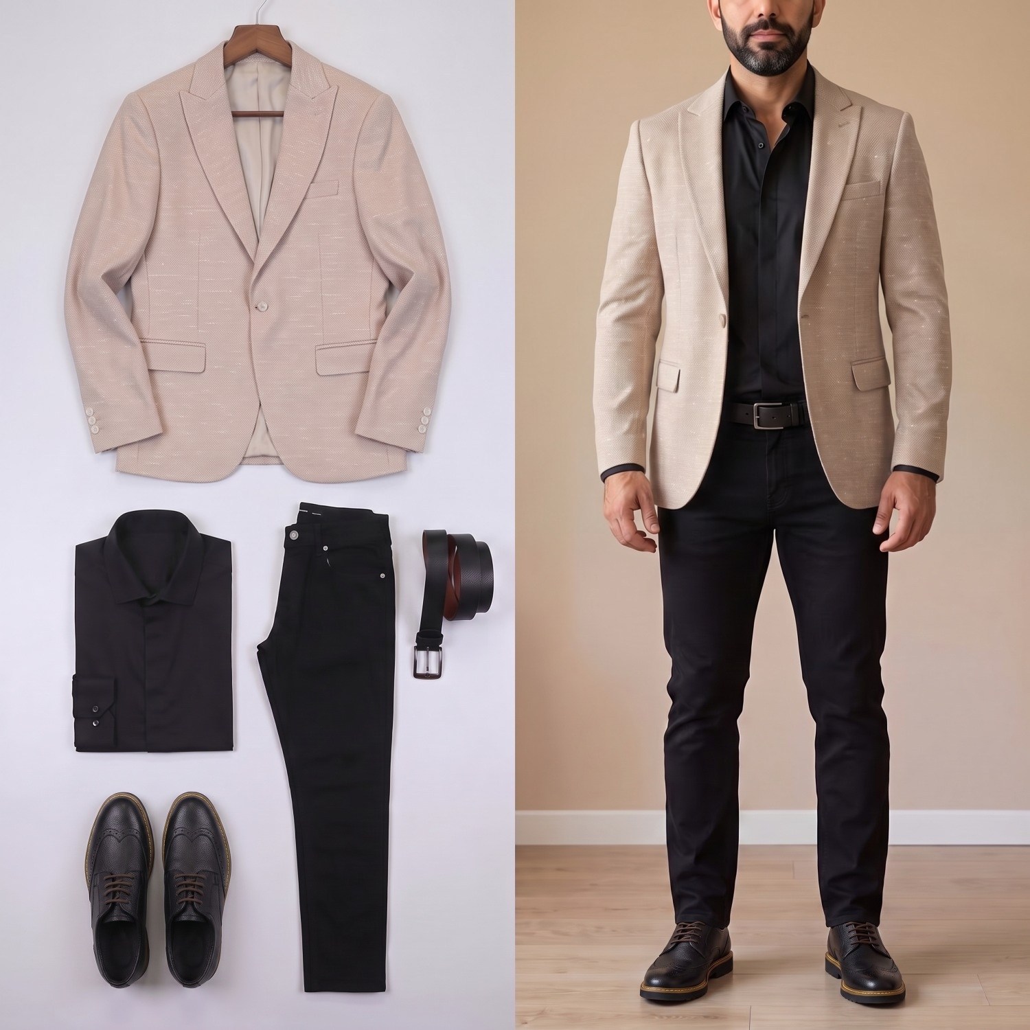 Bej Kırçıllı  Blazer Ceket Gömlek Pantolon Ayakkabı Kombin