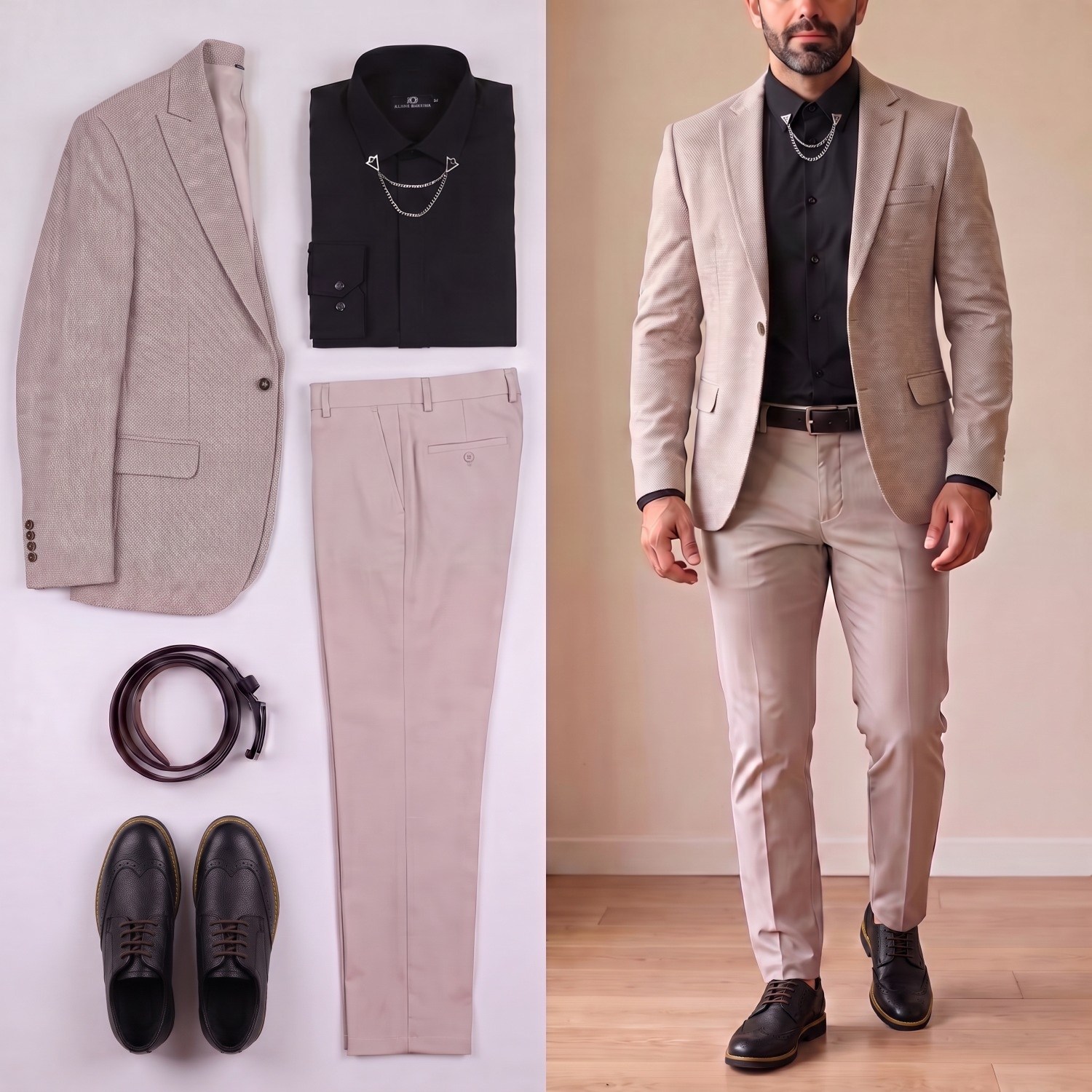 Bej Kırçıllı Blazer Ceket Kombini Erkek | Slim Fit Şık Komple Set 