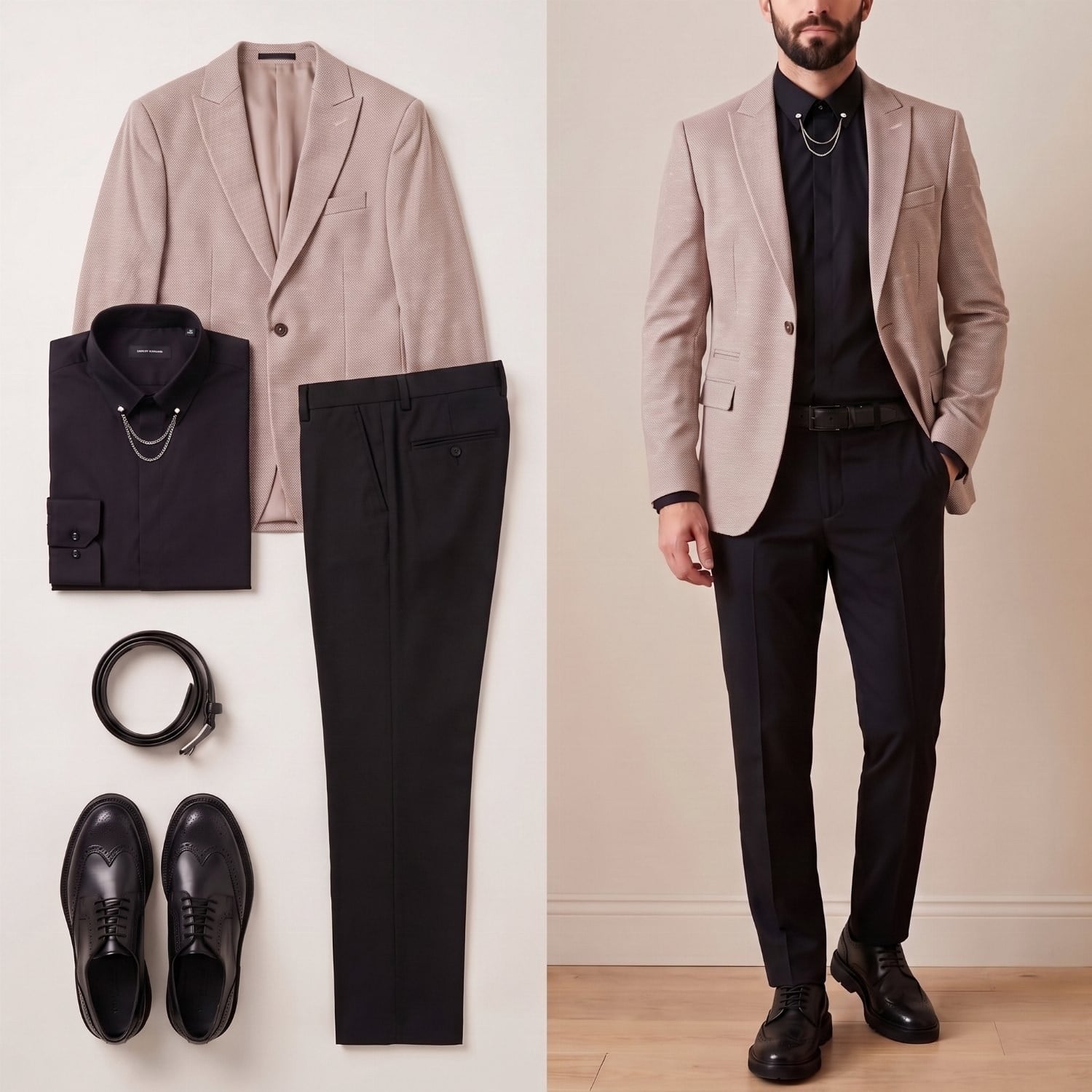 Bej Kırçıllı Blazer Ceket Gömlek Pantolon Ayakkabı Kombin