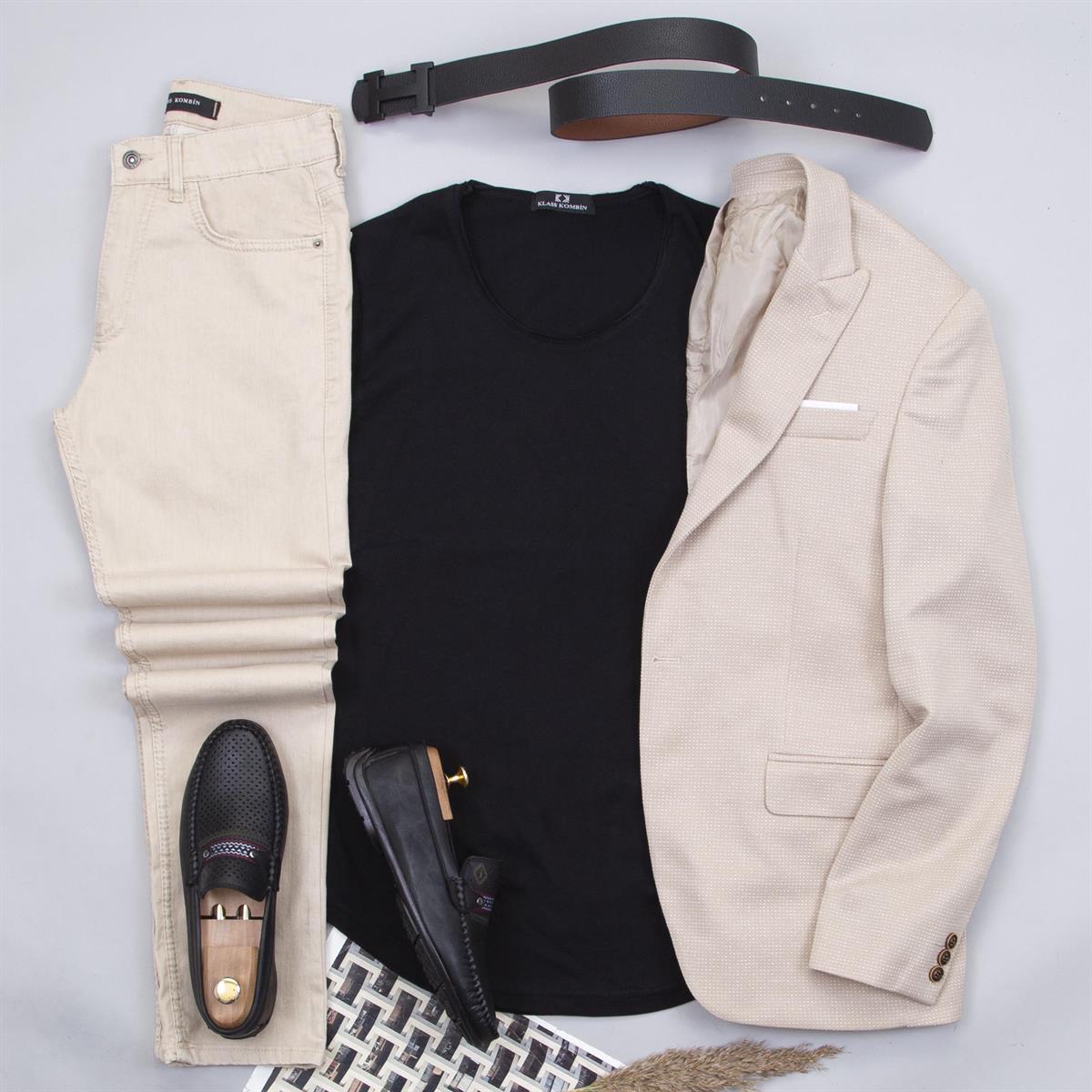 Bej Kırçıllı Blazer Ceket Tişört Pantolon Ayakkabı Kombin