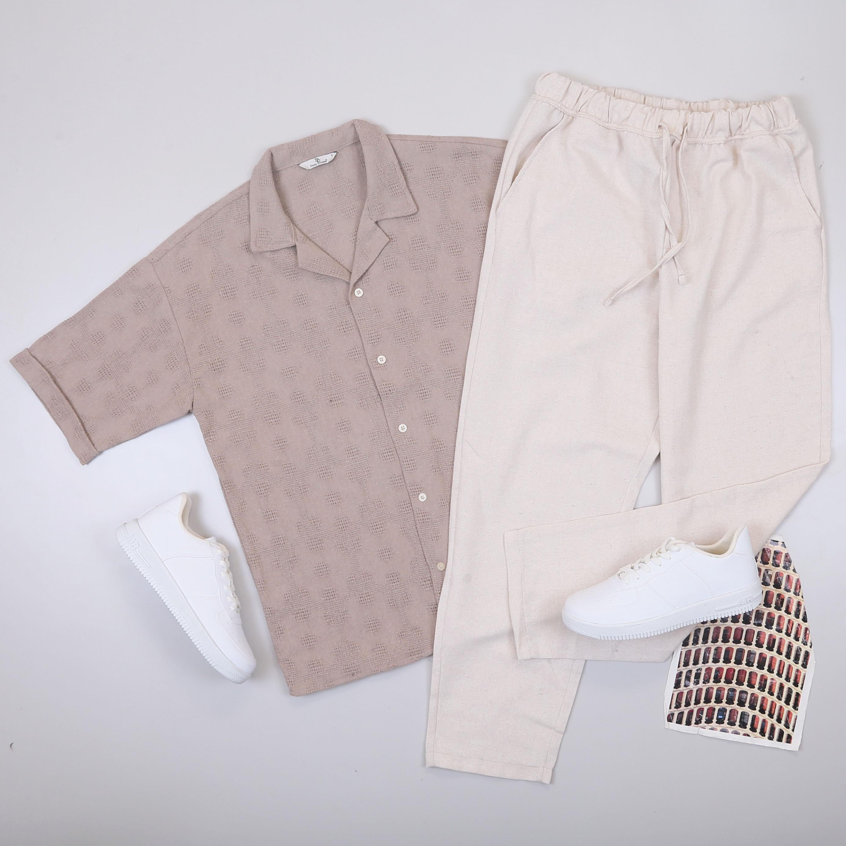 Bej Kısa Kol Gömlek Pantolon Ayakkabı Kombin