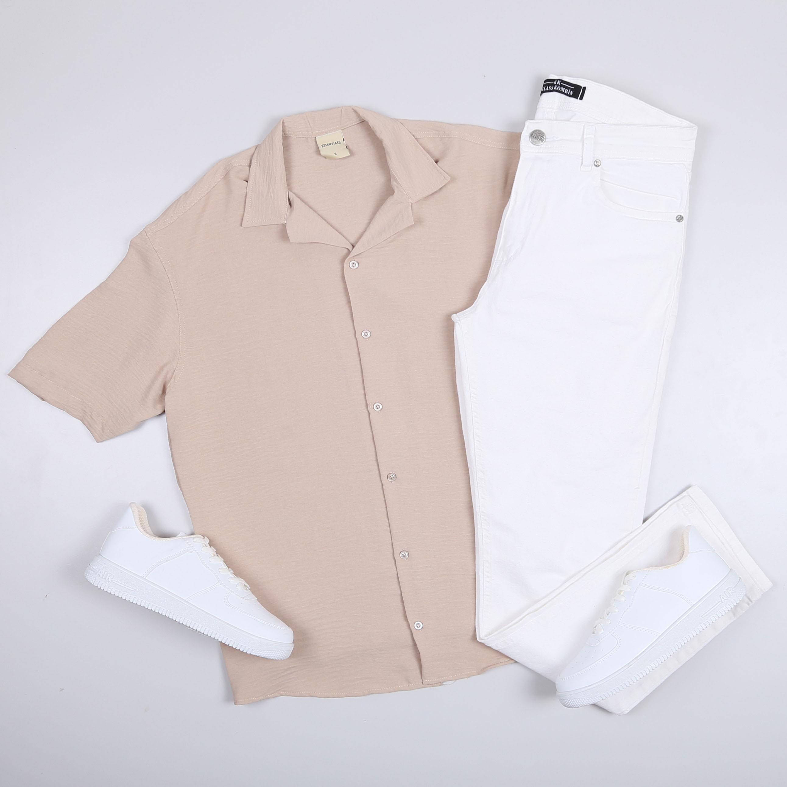 Bej Kısa Kol Gömlek Pantolon Ayakkabı Kombin