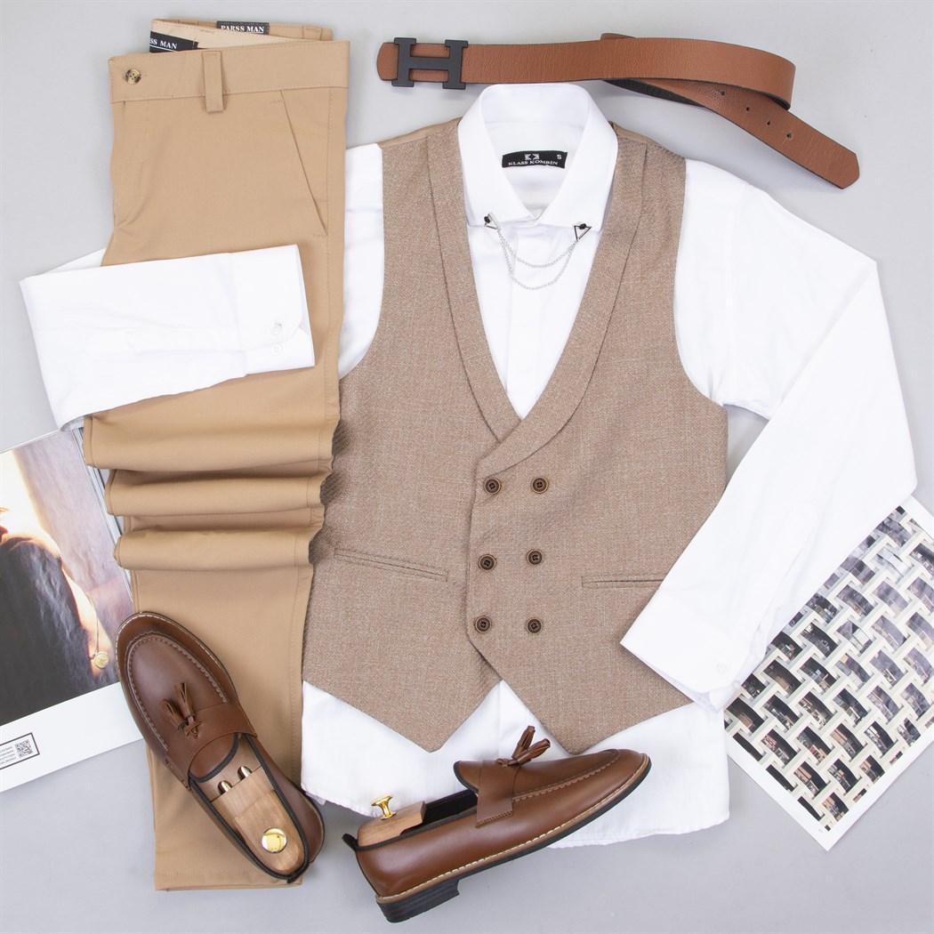 Bej Klasik Yelek Gömlek Pantolon Ayakkabı Kombin