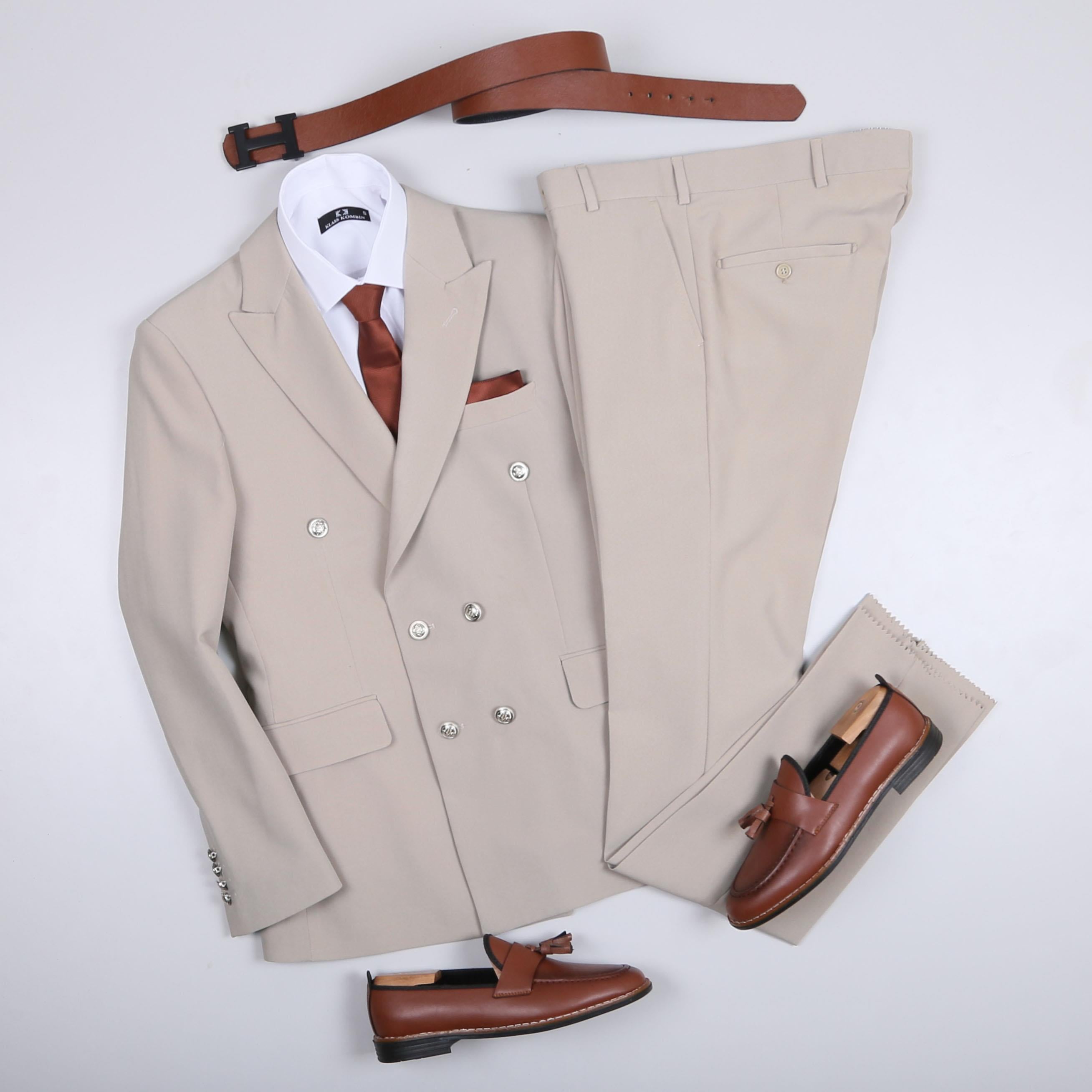 Bej Kruvaze Takım Elbise Kombini