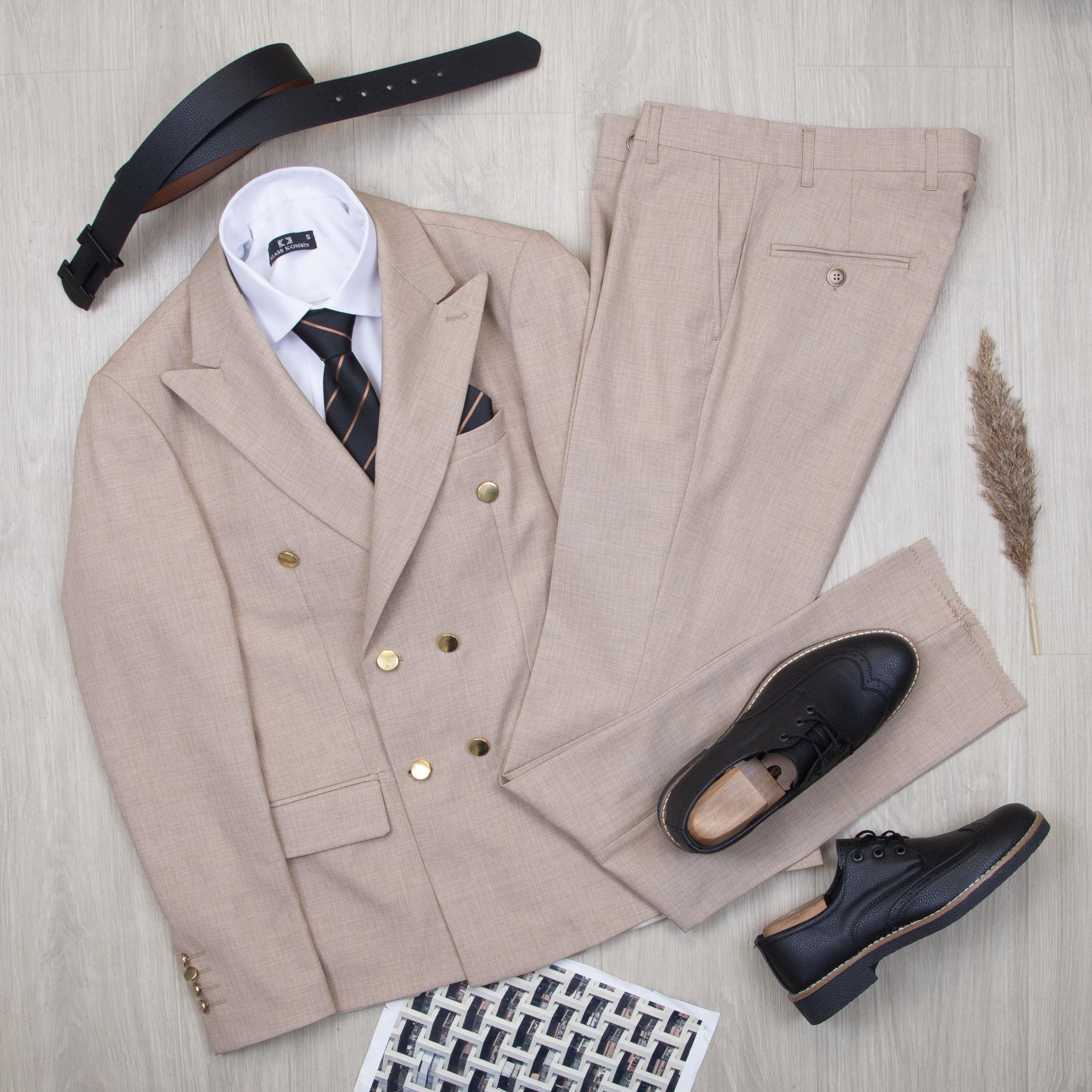 Bej Kruvaze Takım Elbise Kombini