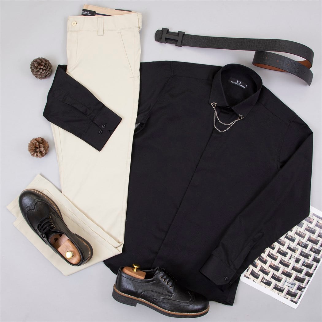 Bej Kumaş Pantolon Gömlek Ayakkabı Kombin