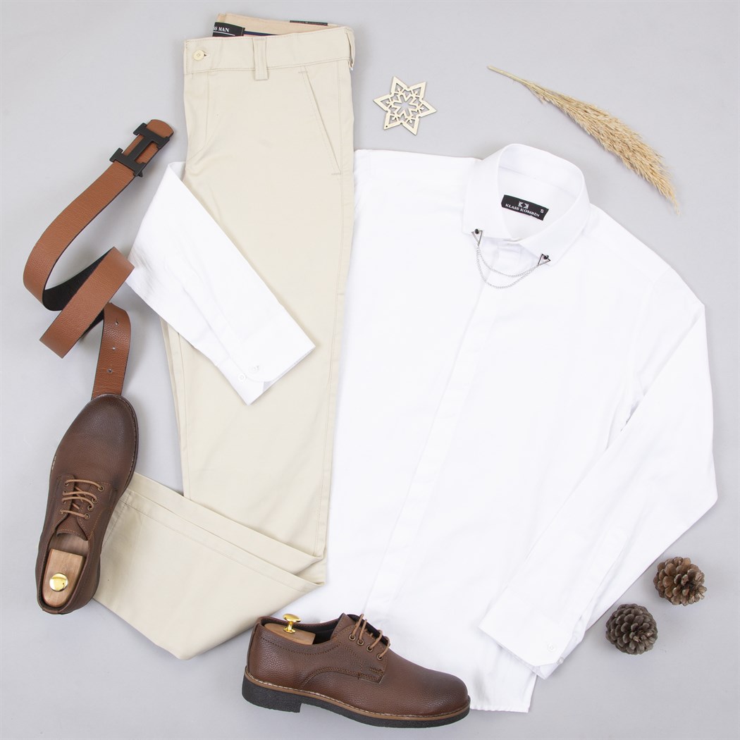 Bej Kumaş Pantolon Gömlek Ayakkabı Kombin