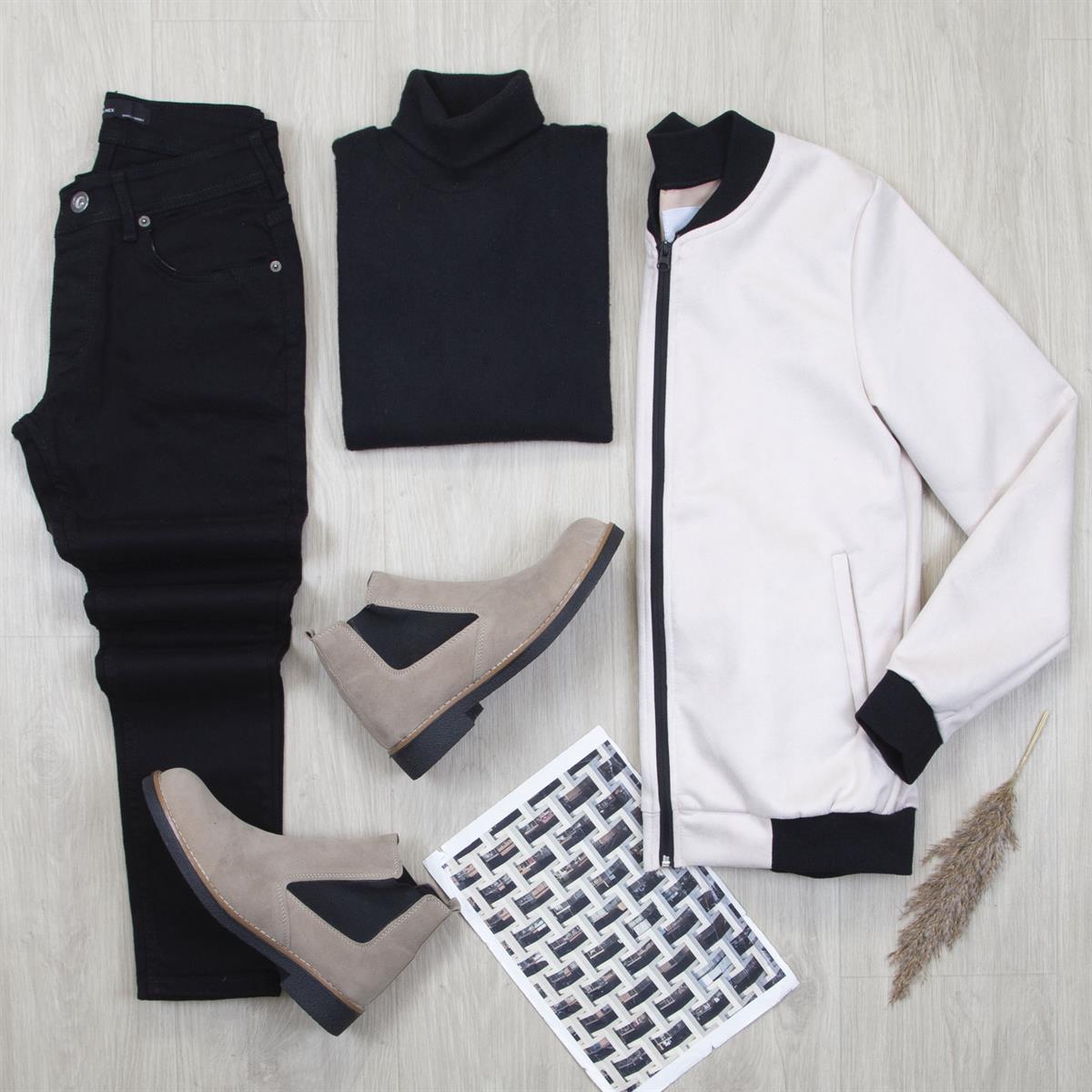 Bej Nubuk Ceket Boğazlı Body Pantolon Bot Kombin