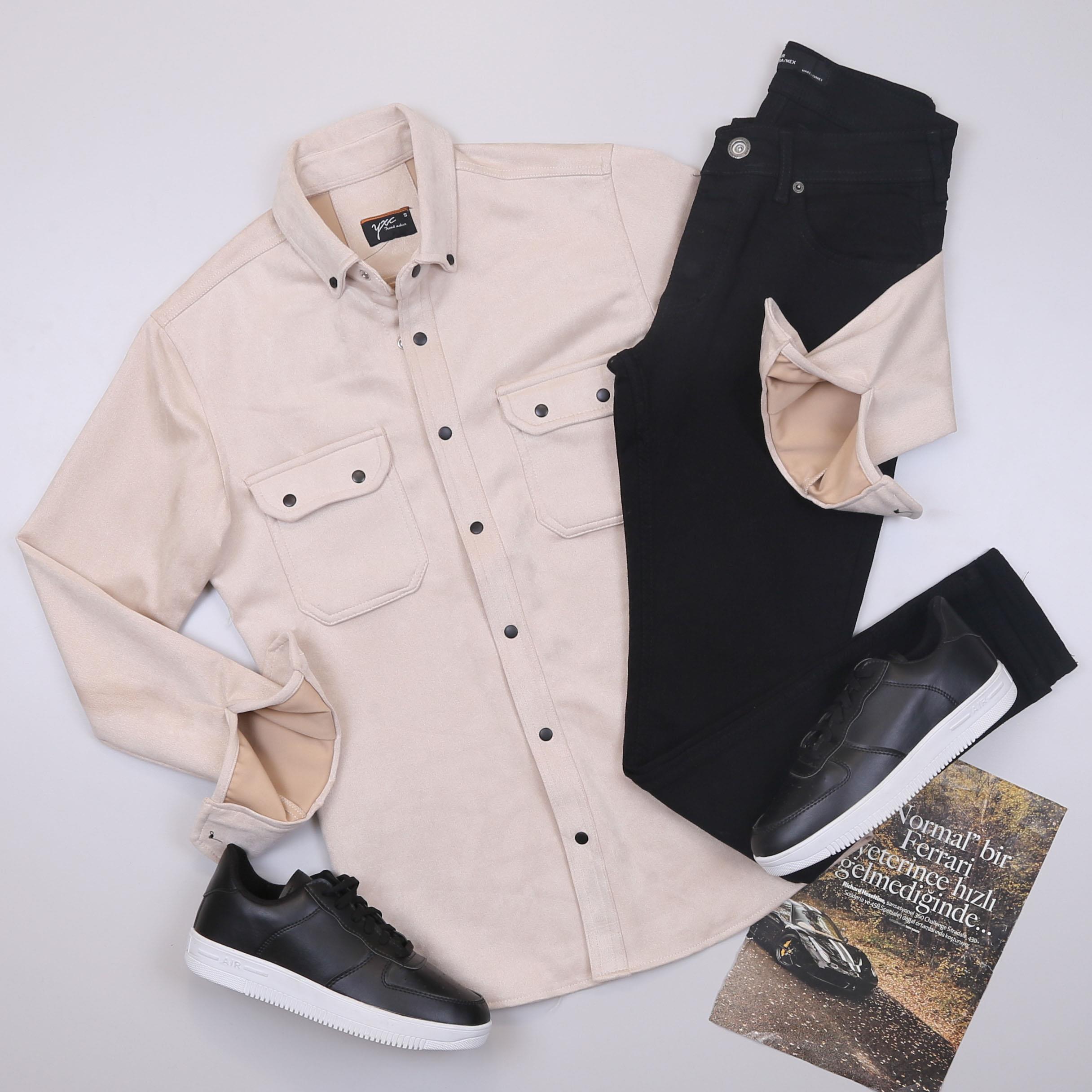 Bej Nubuk Gömlek Pantolon Ayakkabı Kombin