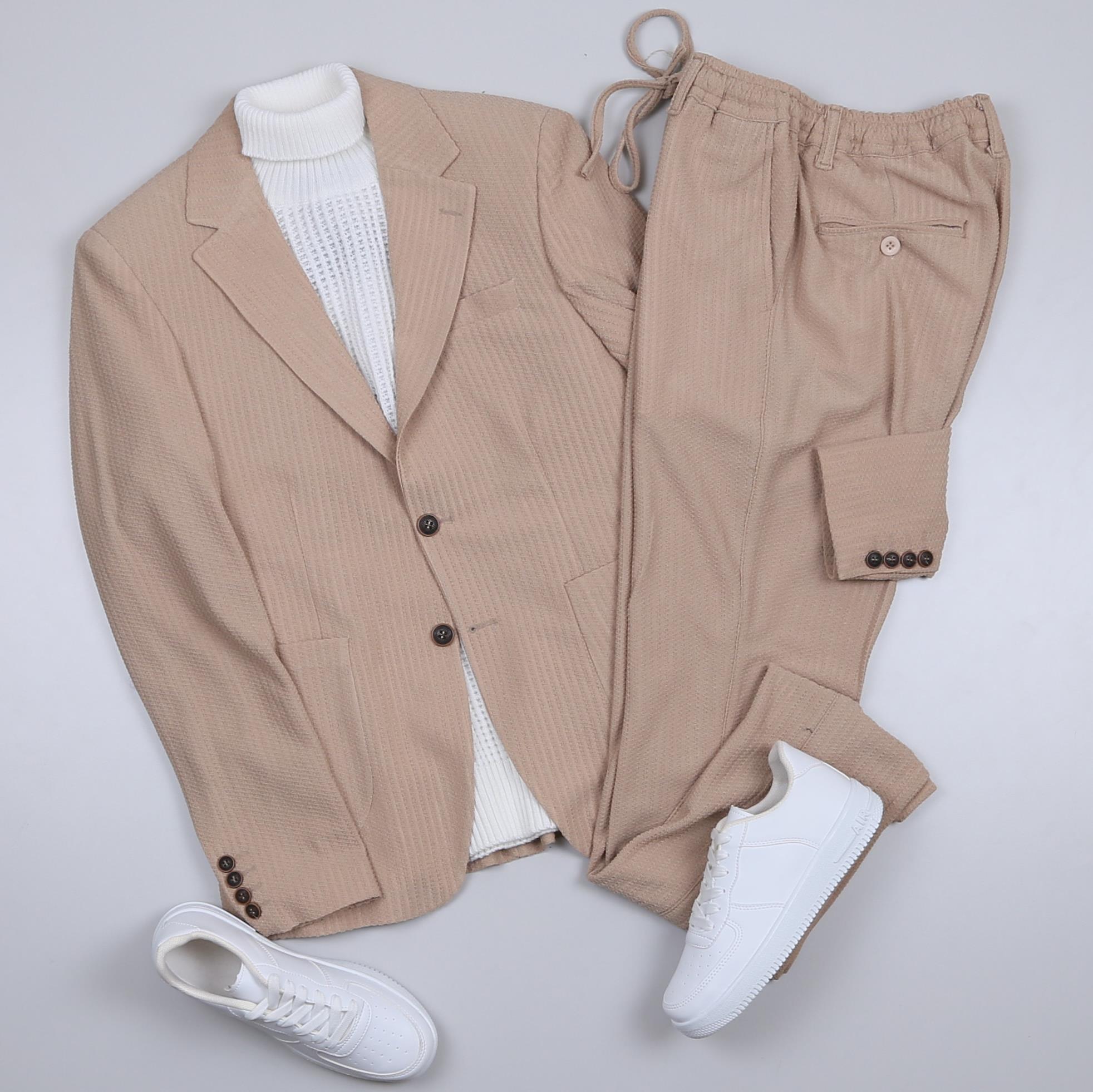 Bej Örgü Desenli Spor Takım Elbise Kombini