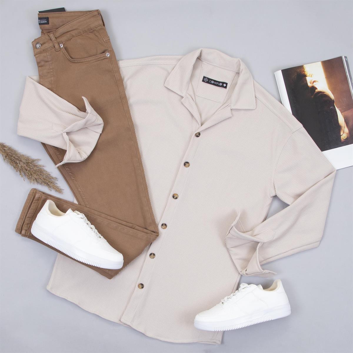 Bej Spor Gömlek Pantolon Ayakkabı Kombin