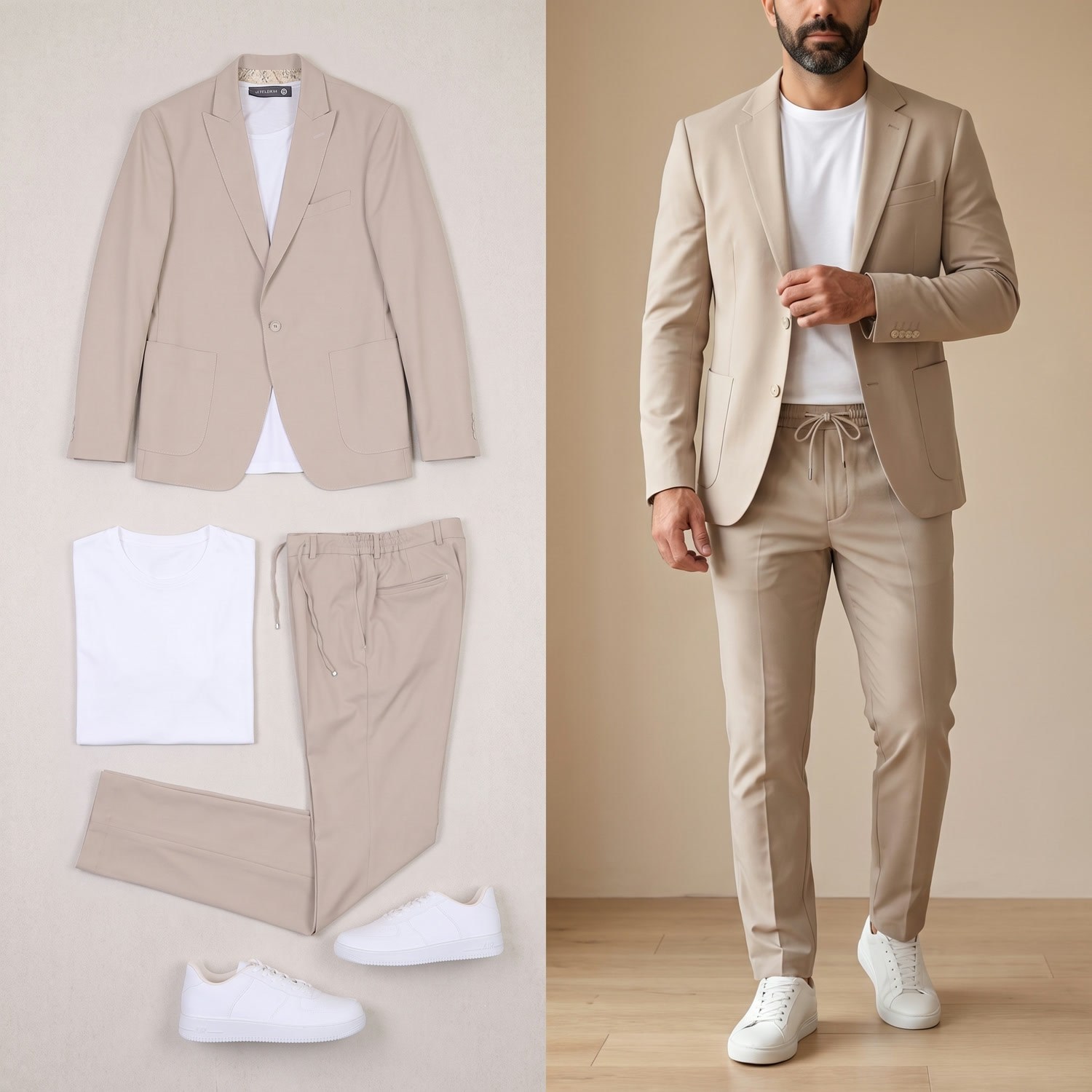 Bej Spor Takım Elbise Kombini Erkek | Slim Fit Şık Günlük Set 