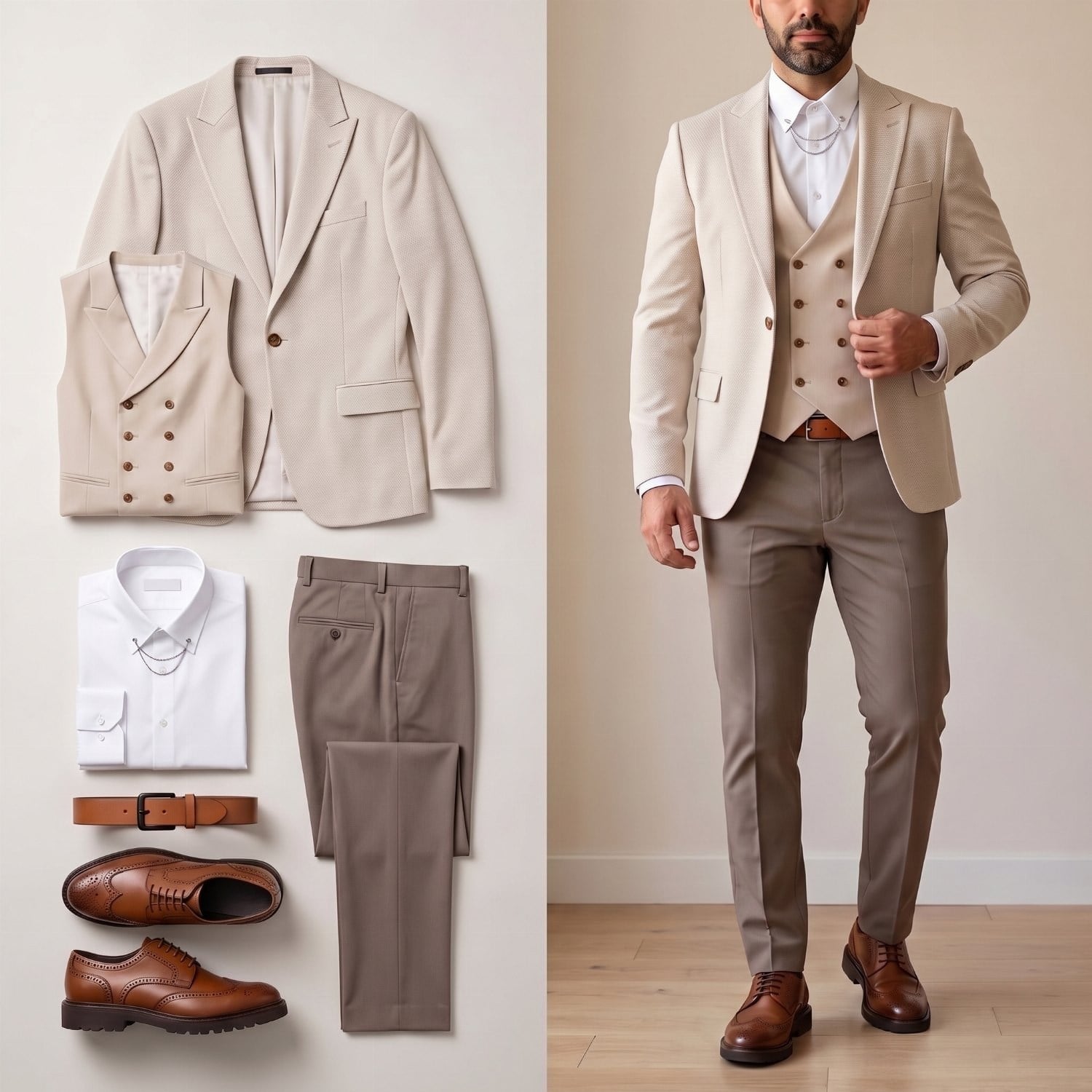Bej Takım Elbise Kombini Erkek | Slim Fit Şık Komple Set 