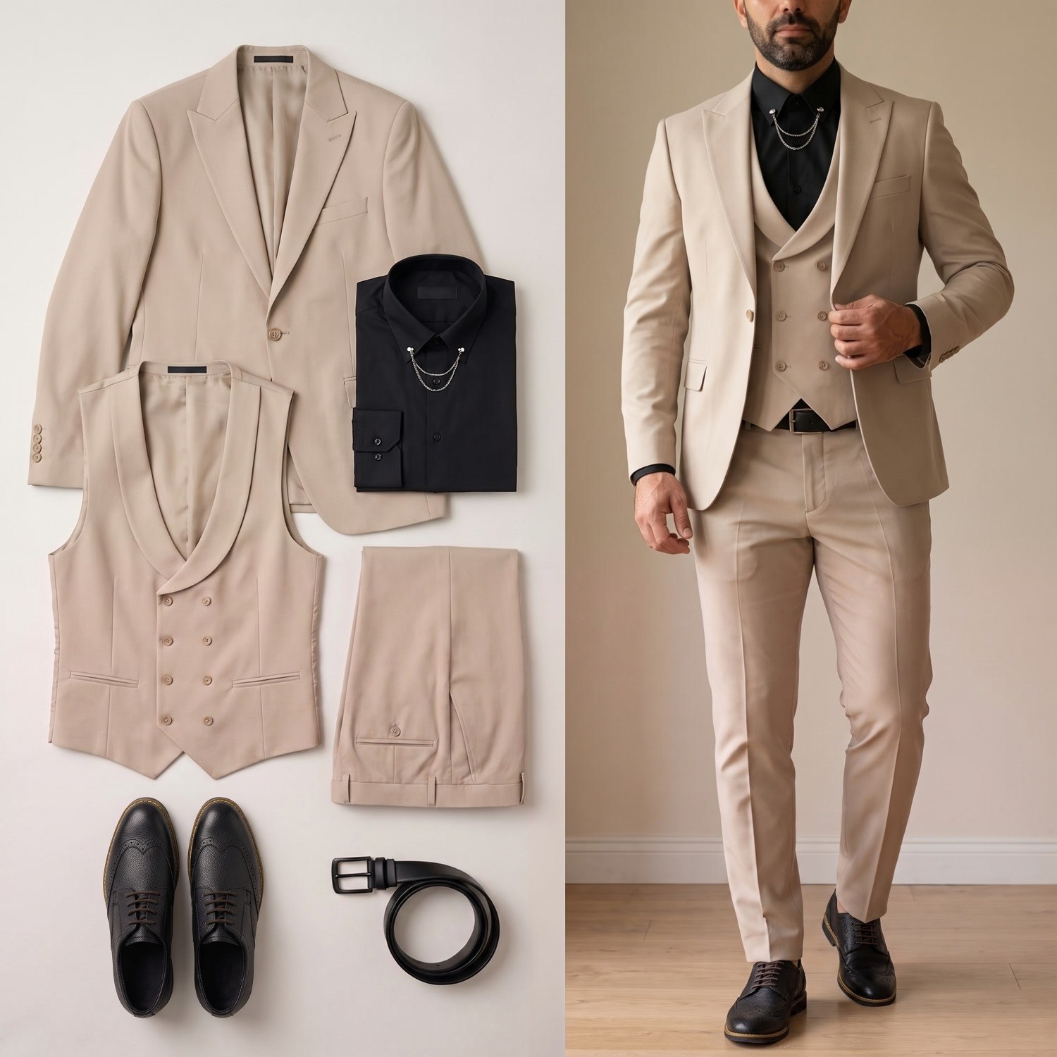 Bej Takım Elbise Kombini Erkek | Slim Fit Şık Komple Set 