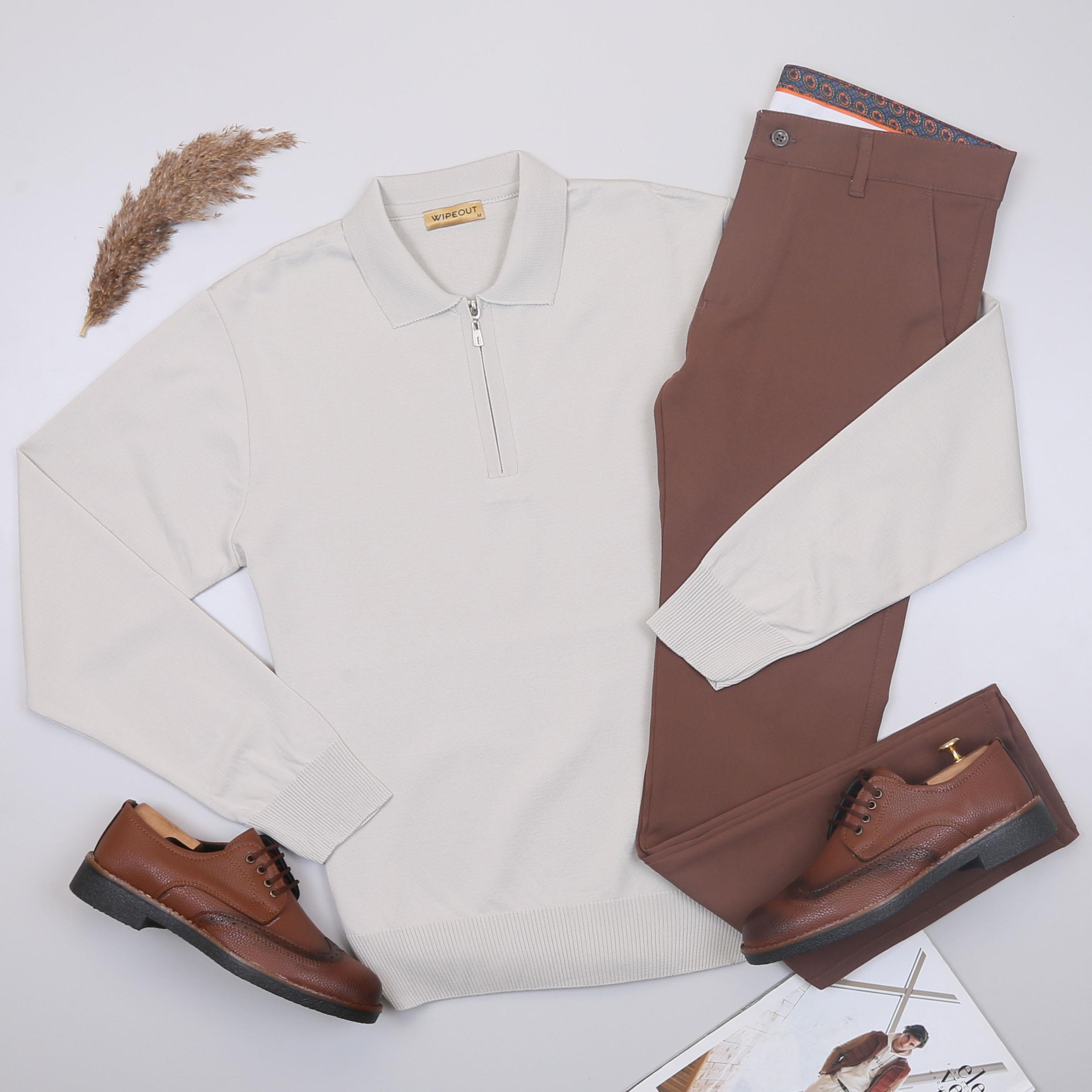 Bej Triko Polo Yaka Pantolon Ayakkabı Kombin