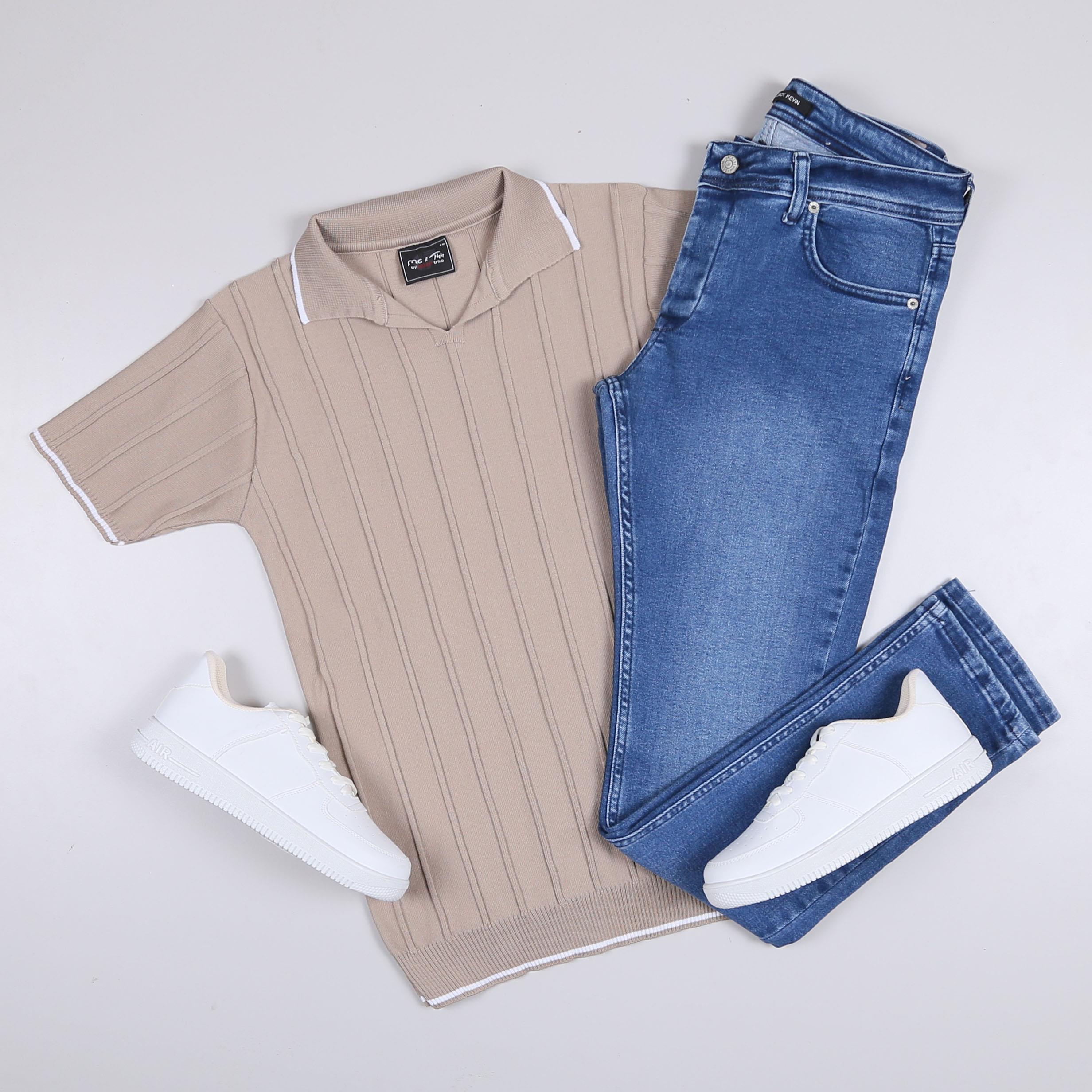 Bej Triko Polo Yaka Tişört Kombini