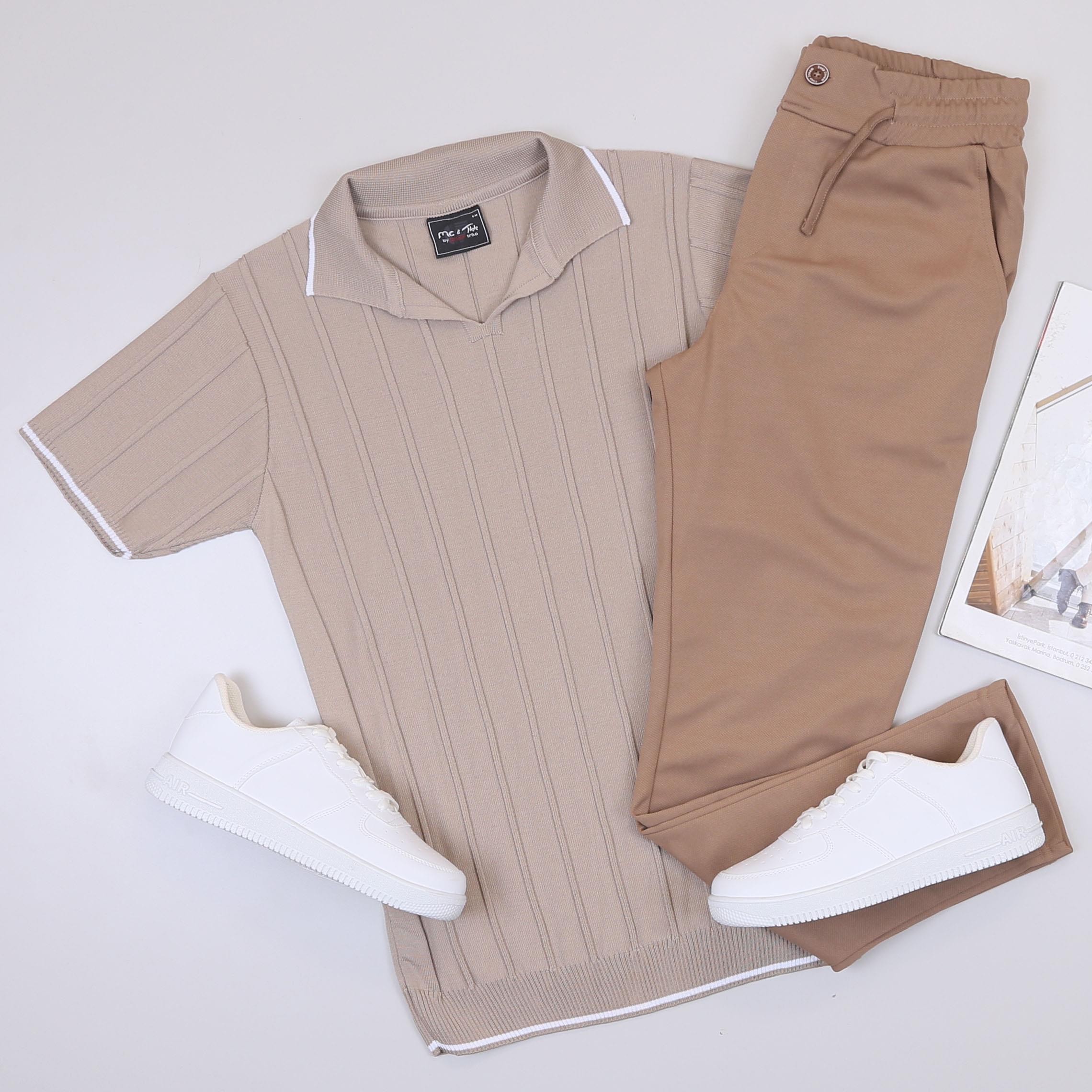 Bej Triko Polo Yaka Tişört Pantolon Ayakkabı Kombin