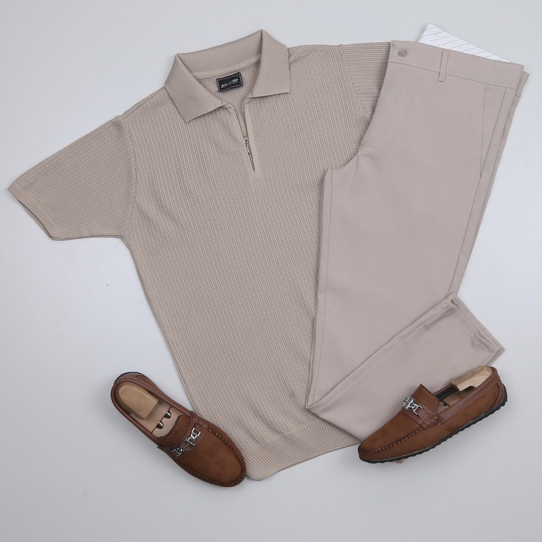Bej Triko Polo Yaka Tişört Pantolon Kombini Erkek | Slim Fit Şık Günlük Set