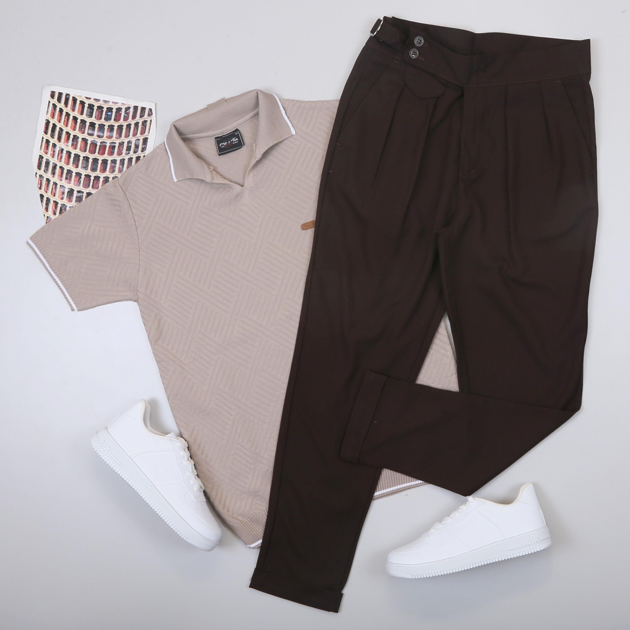 Bej Triko Polo Yaka Tişört Pileli Pantolon Ayakkabı Kombin