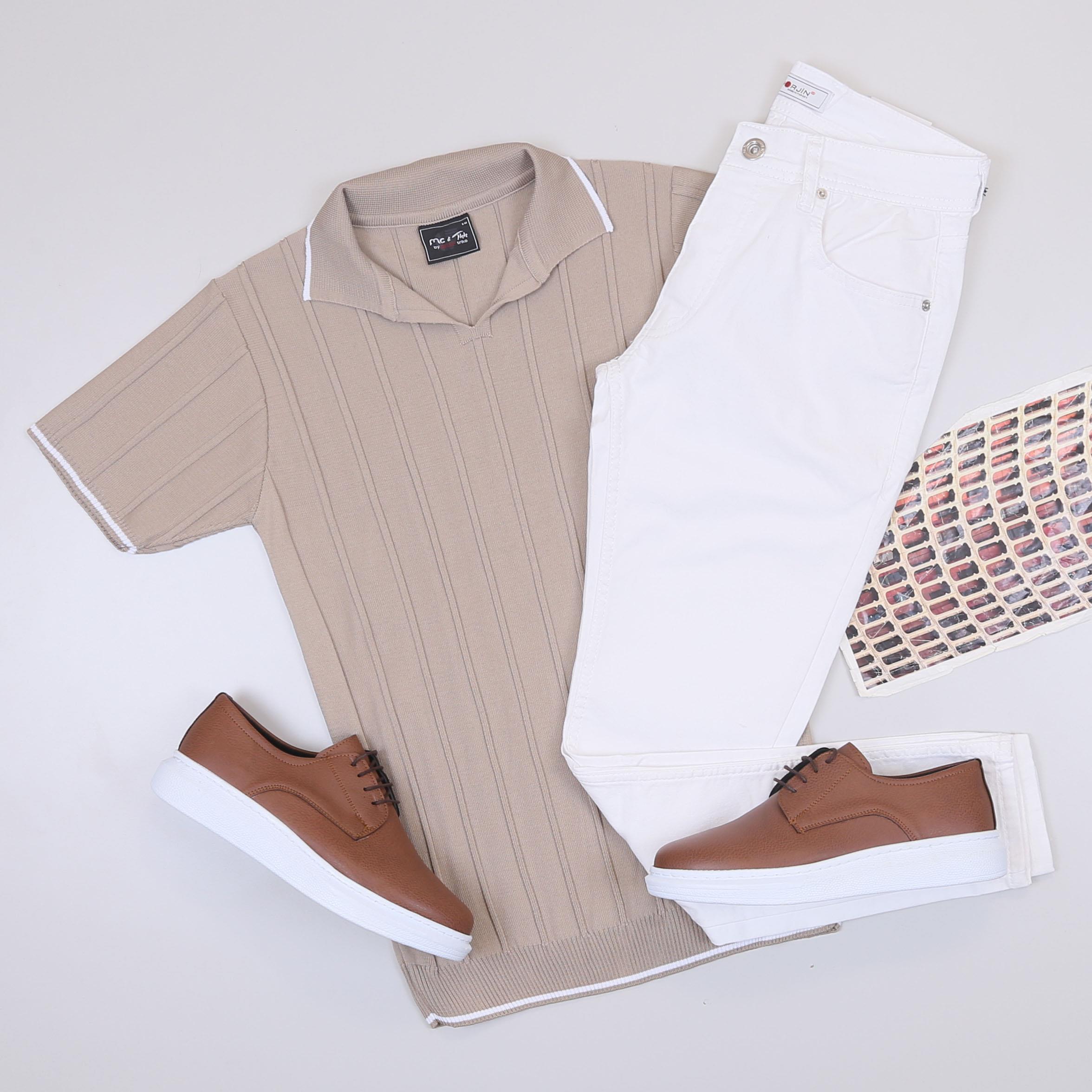 Bej Triko Tişört Kombini