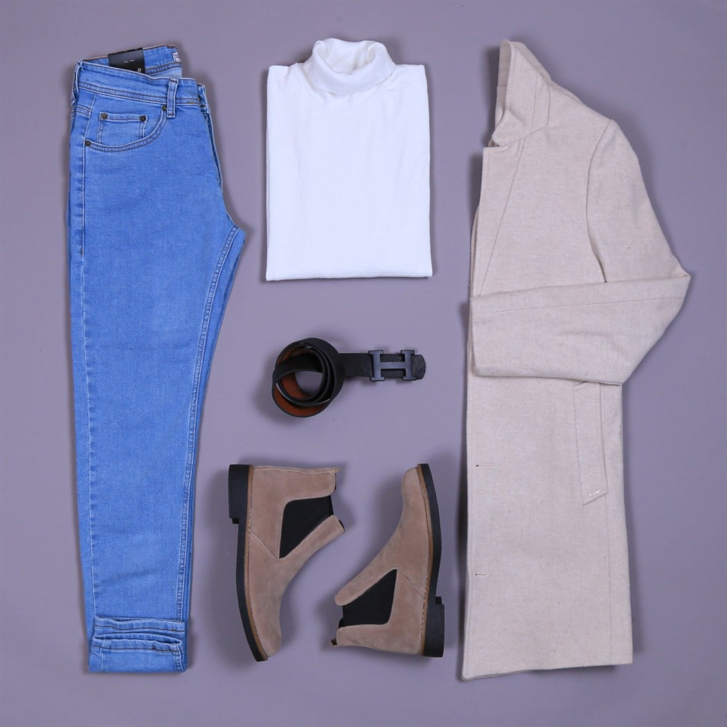 Bej Uzun Ceket Bot Pantolon Kazak kombini