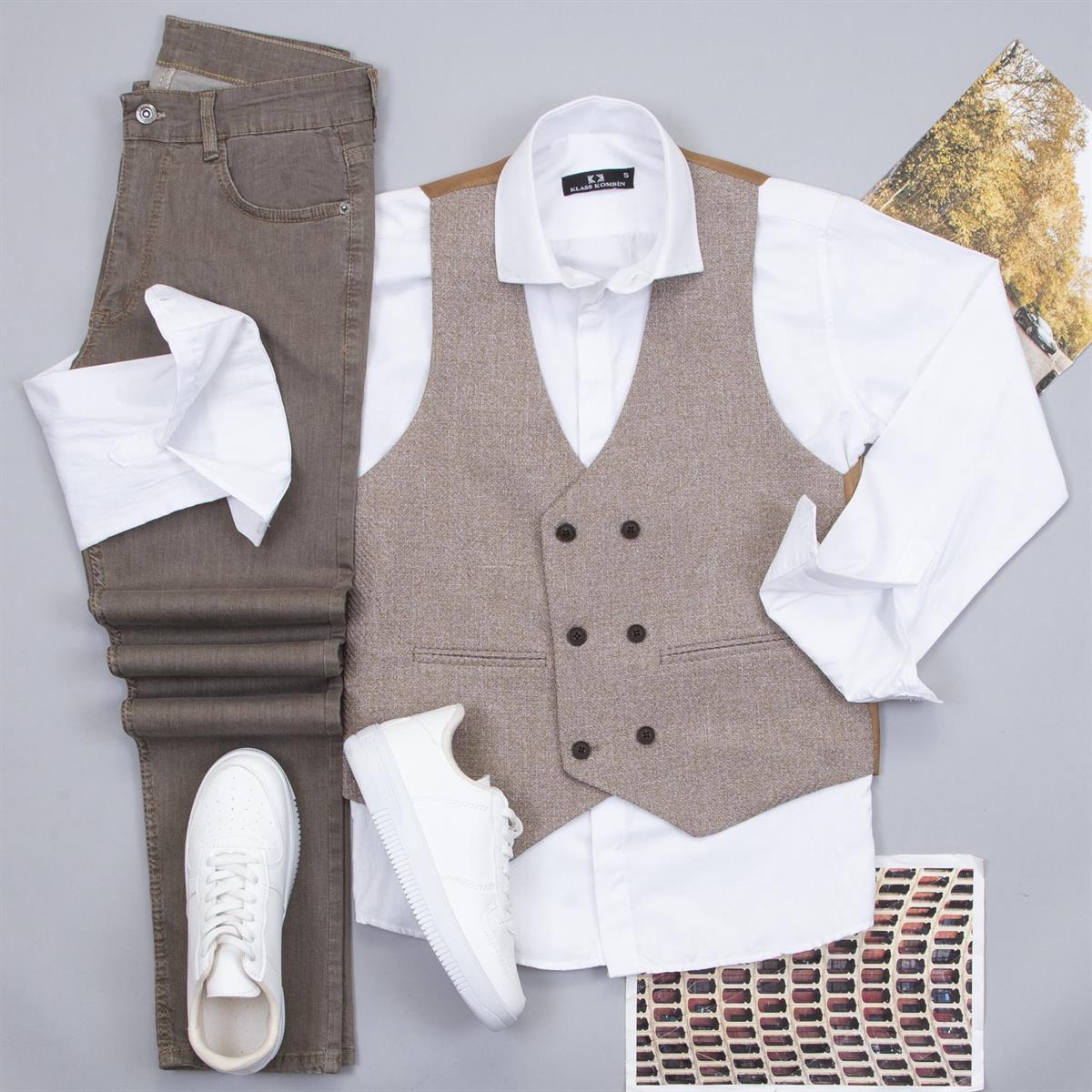 Bej Yelek Gömlek Pantolon Ayakkabı Kombin