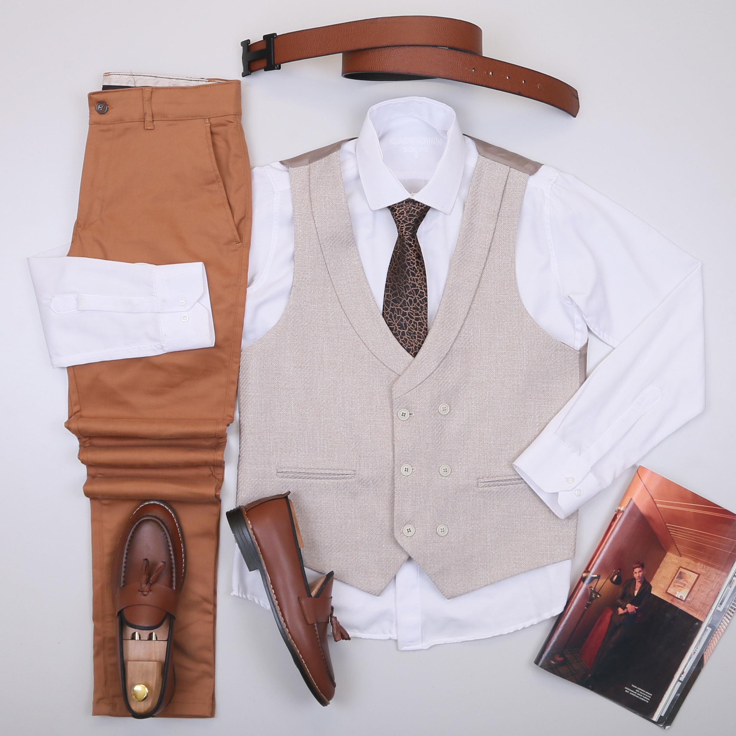 Bej Yelek Gömlek Pantolon Ayakkabı Kombin