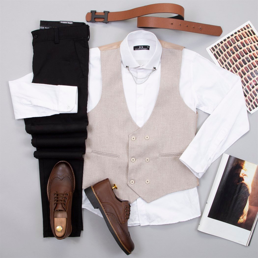 Bej Yelek Gömlek Pantolon Ayakkabı Kombin