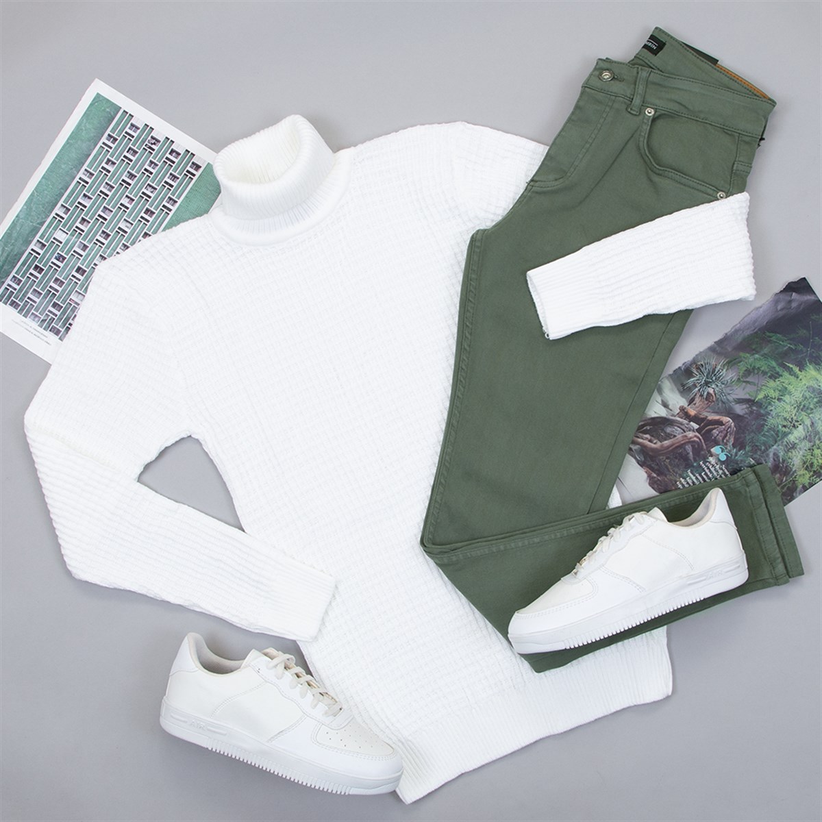 Beyaz Boğazlı Triko Kazak Pantolon Ayakkabı Kombin