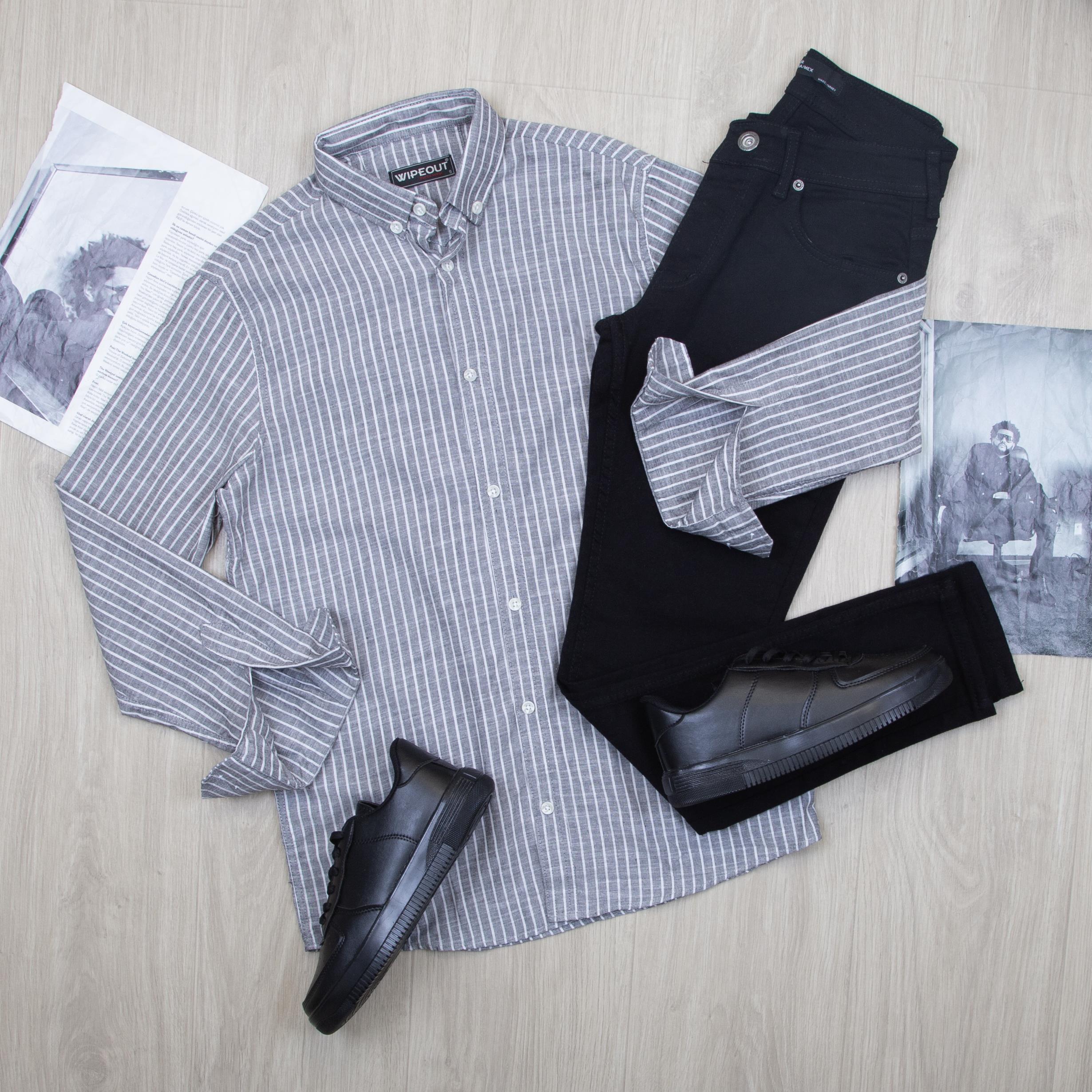 Beyaz çizgili Gömlek Pantolon Ayakkabı Kombin