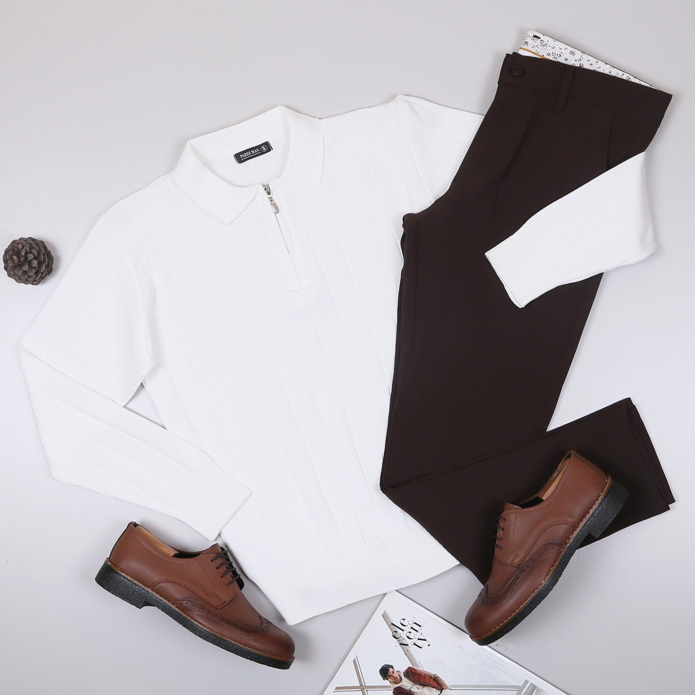 Beyaz Çizgili Triko Polo Yaka Pantolon Ayakkabı Kombin