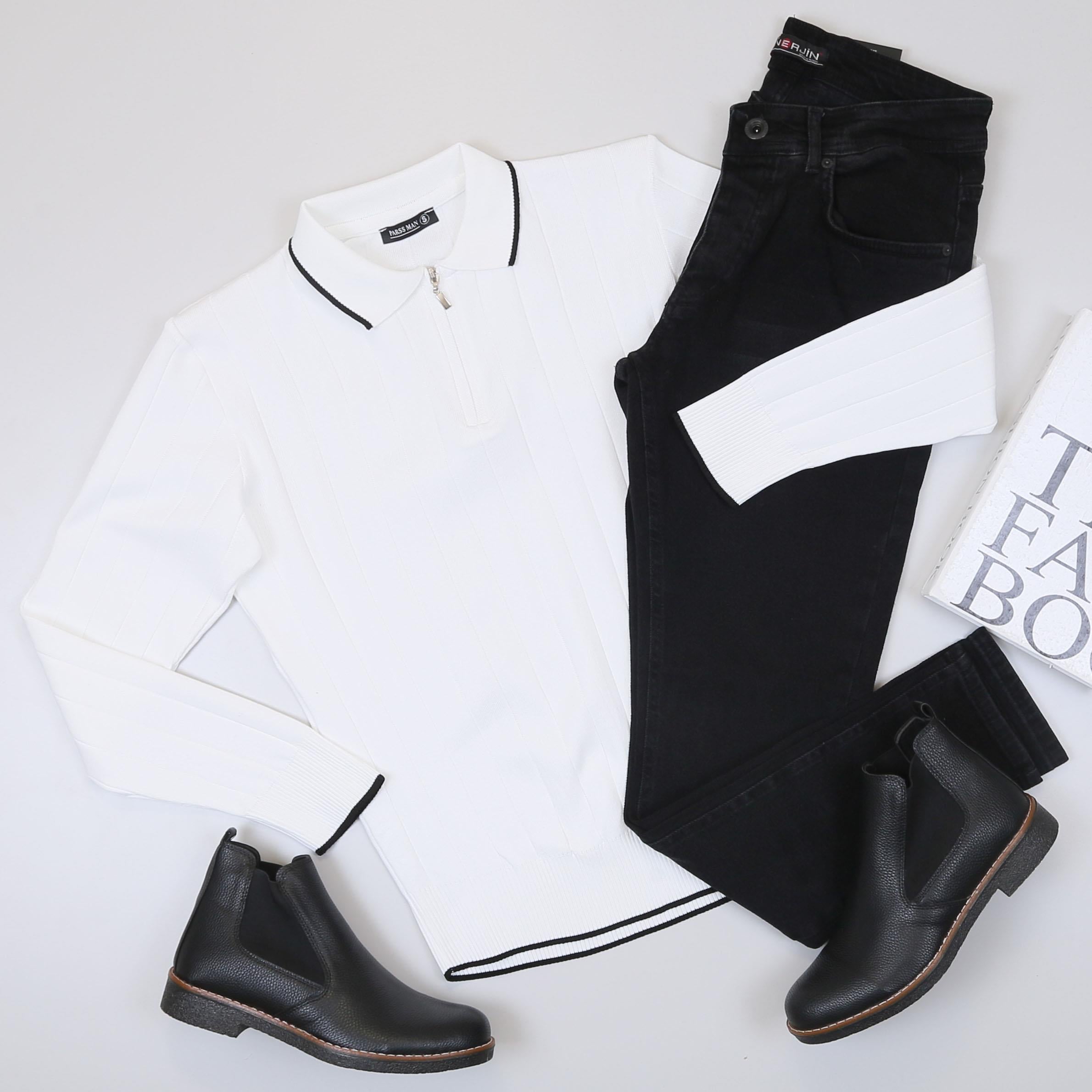 Beyaz Çizgili Triko Polo Yaka Pantolon Bot Kombin