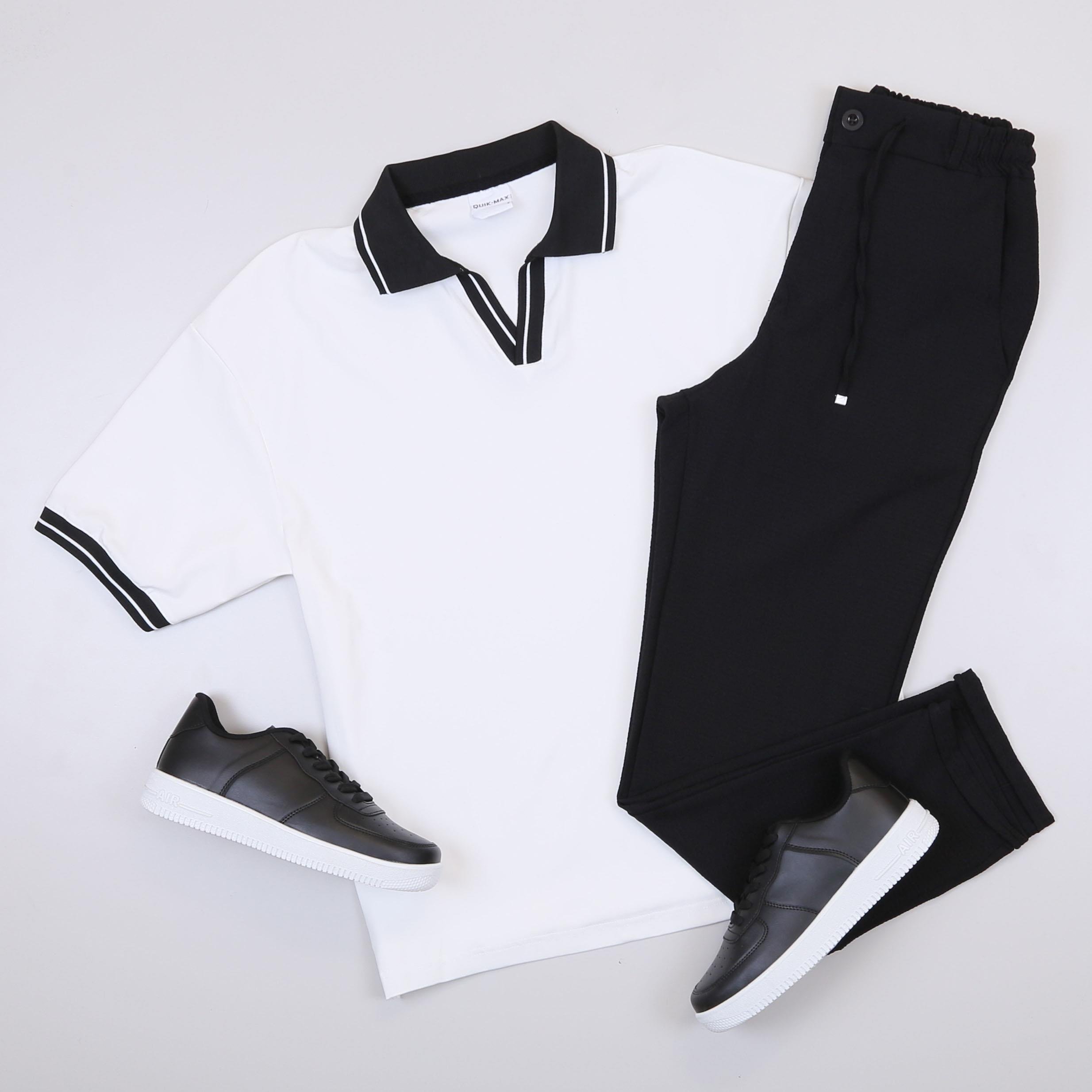 Beyaz Forma Kumaş Polo Yaka Tişört Pantolon Ayakkabı Kombin