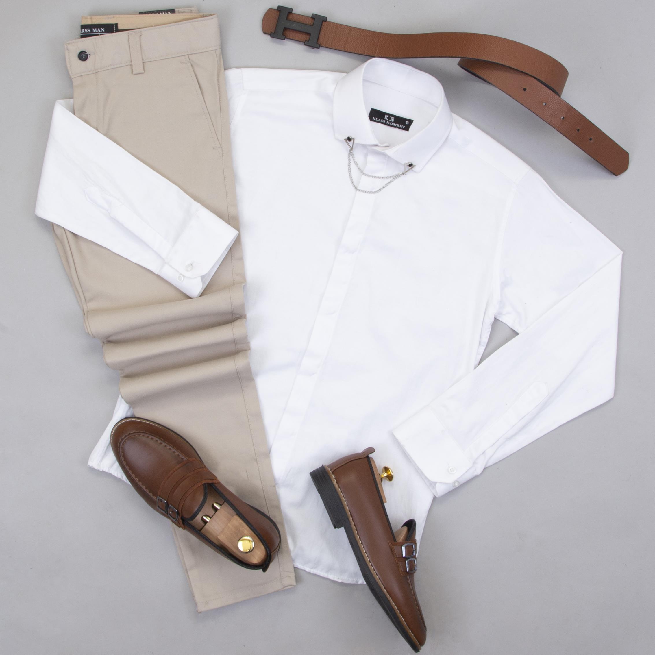 Beyaz Gömlek Bej Pantolon Ayakkabı Kombin
