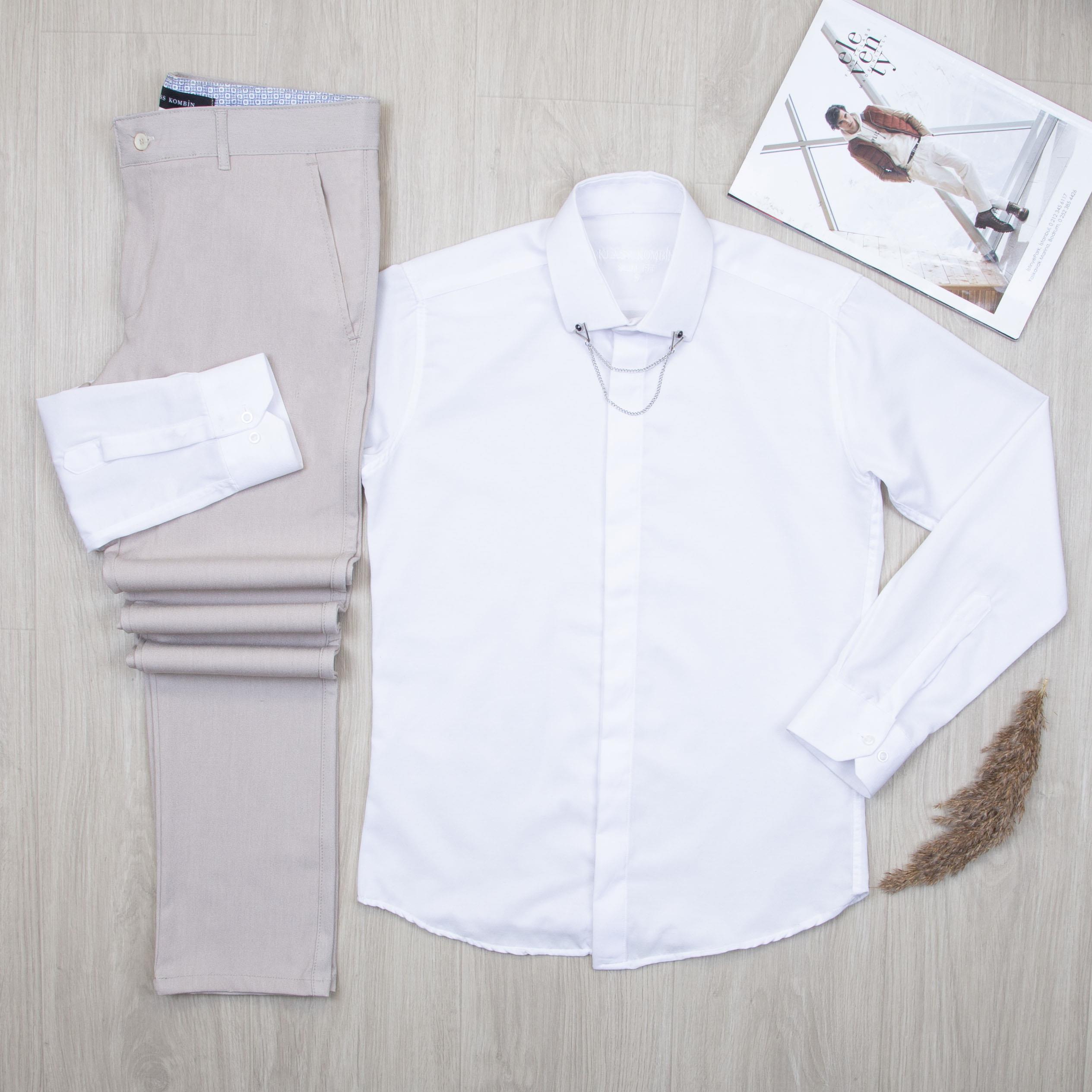 Beyaz Gömlek Bej Pantolon Kombin