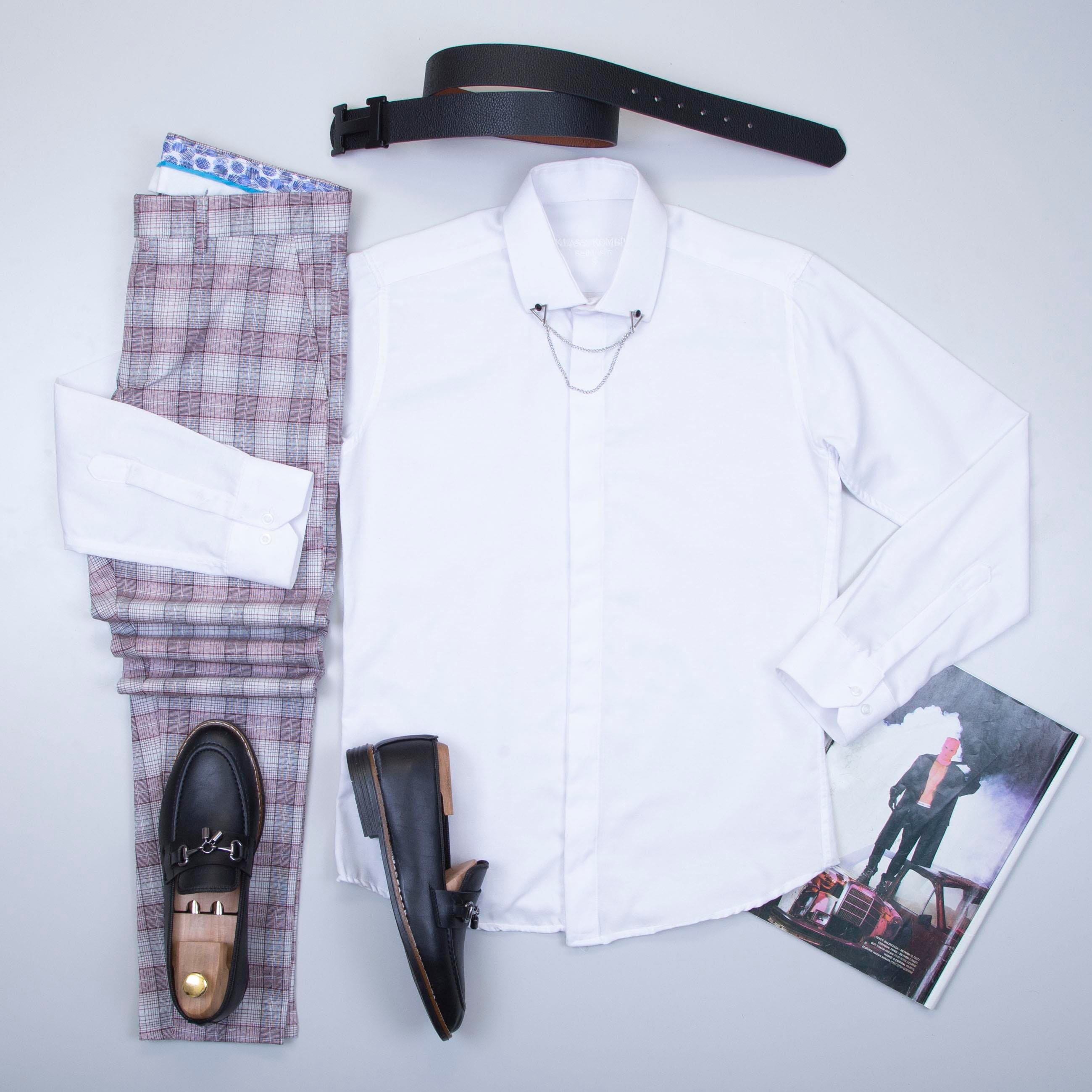 Beyaz Gömlek Ekose Pantolon Ayakkabı Kombin