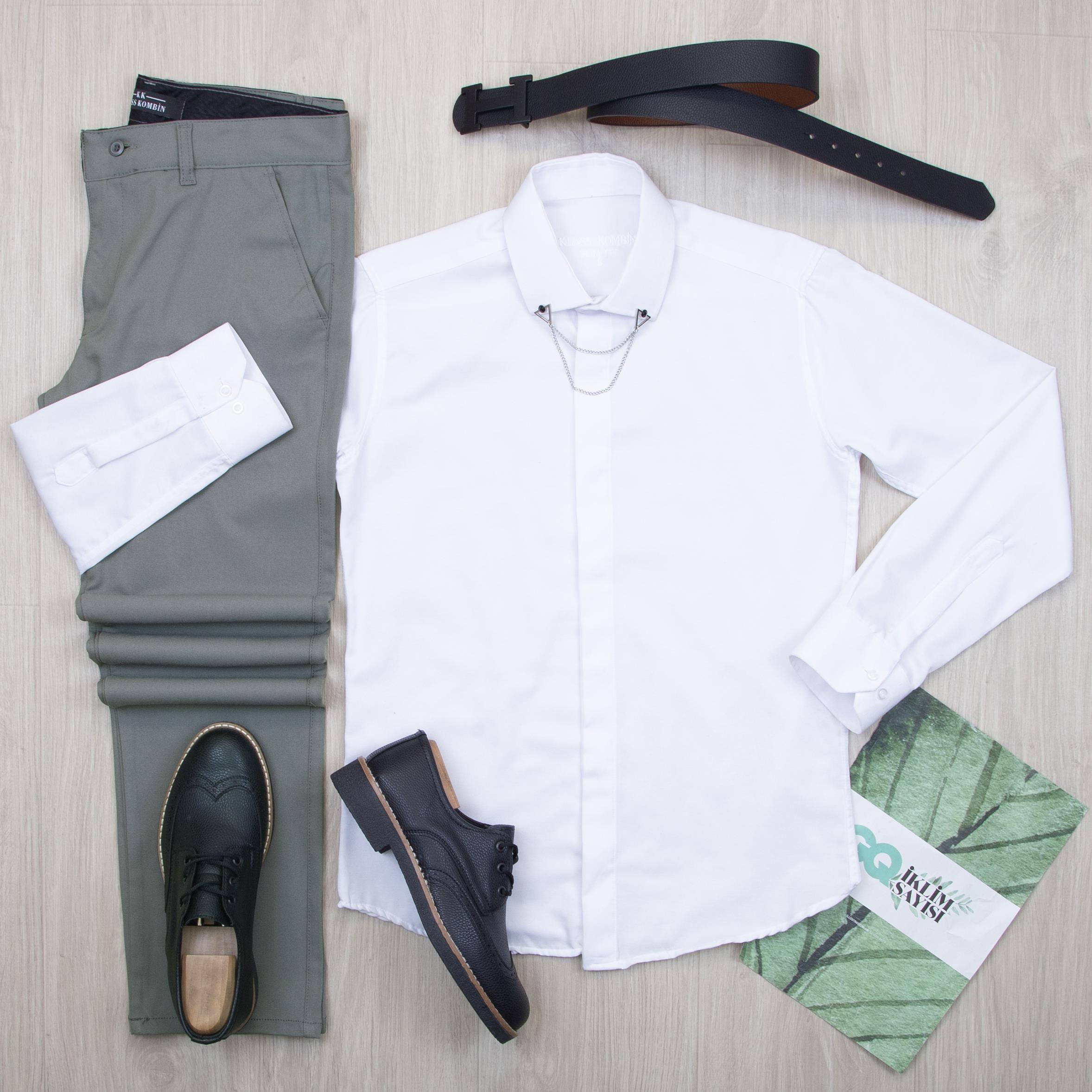 Beyaz Gömlek Haki Pantolon Ayakkabı Kombin