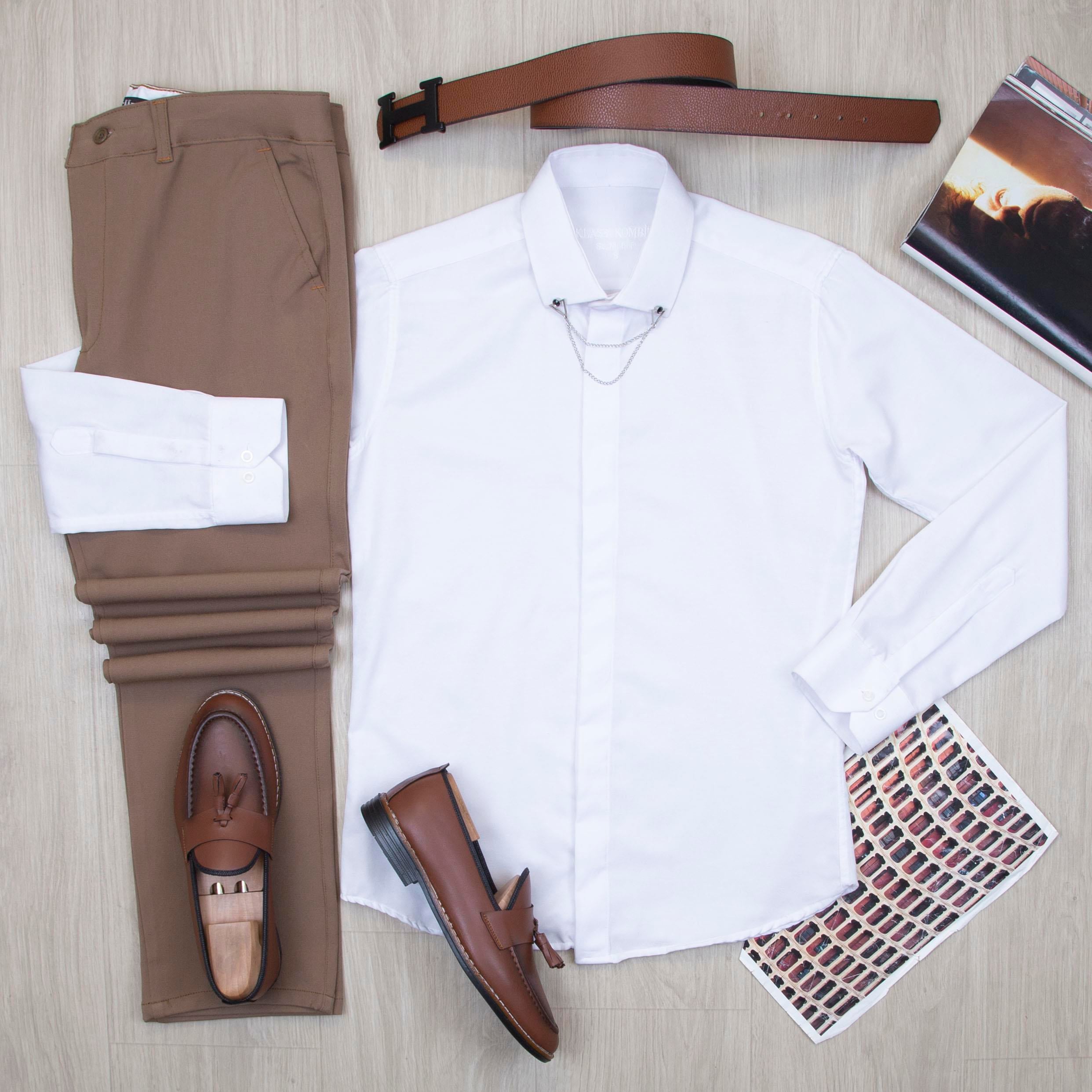 Beyaz Gömlek Kahve Pantolon Ayakkabı Kombin