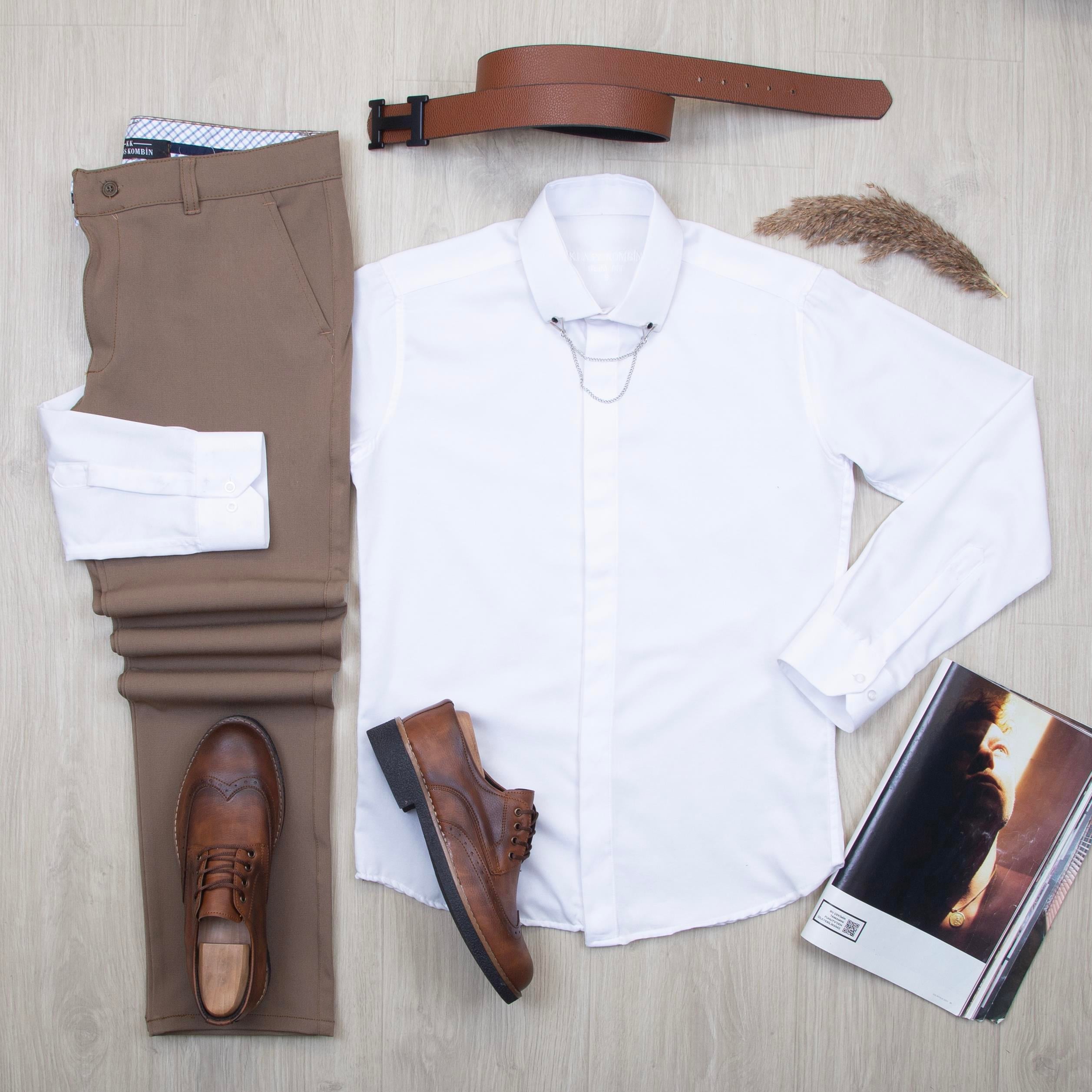 Beyaz Gömlek Kahve Pantolon Ayakkabı Kombin