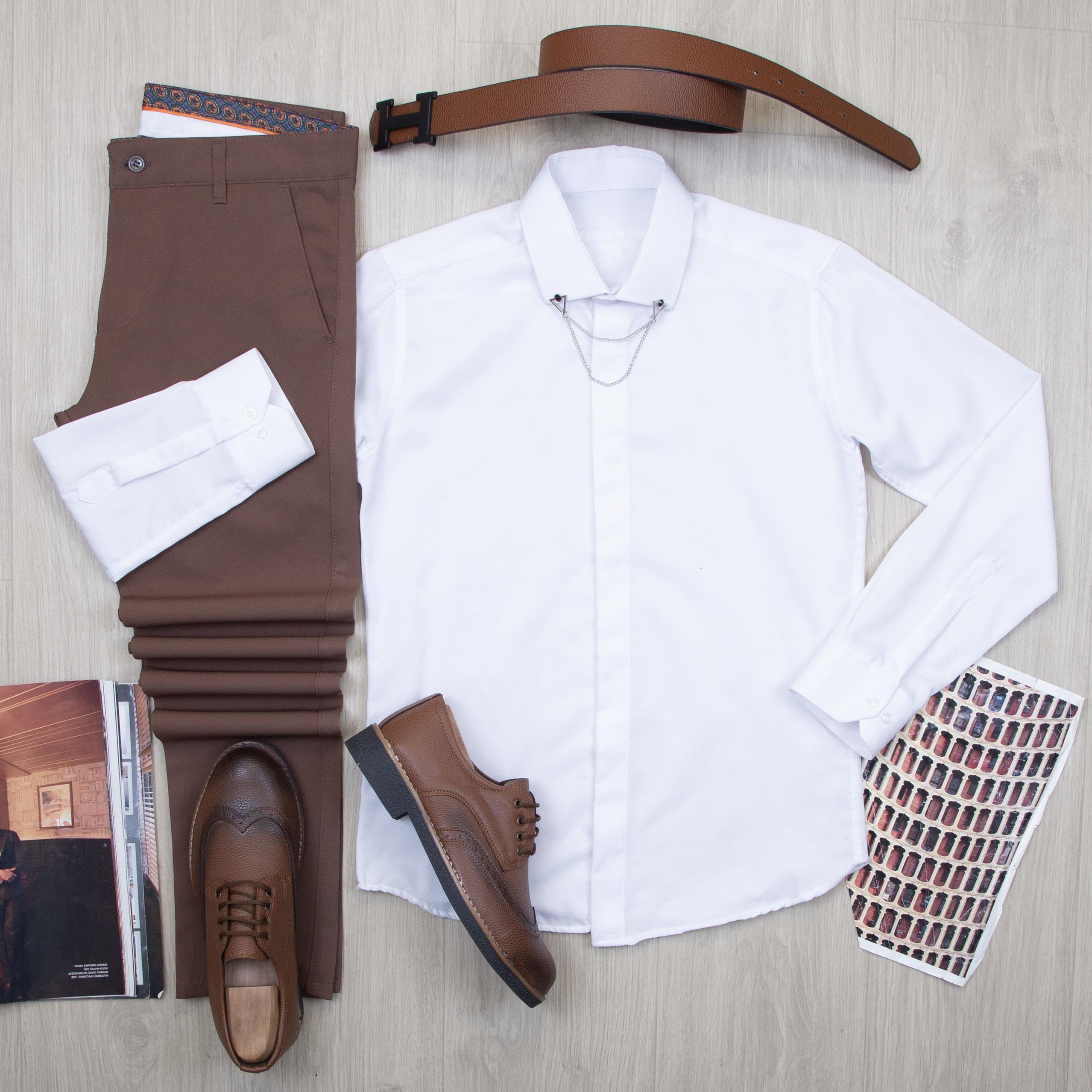 Beyaz Gömlek Kahve Pantolon Ayakkabı Kombin