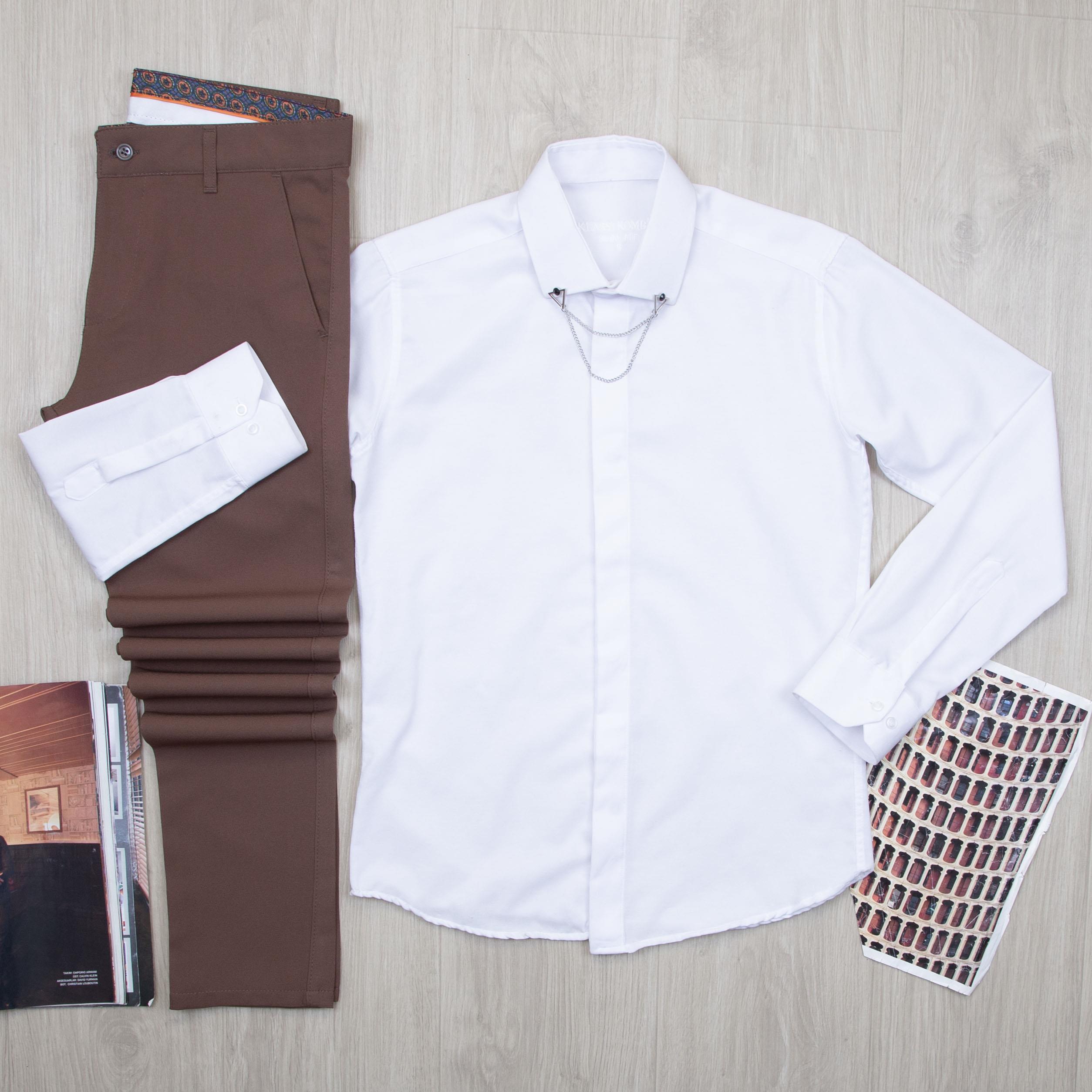 Beyaz Gömlek Kahve Pantolon Kombin