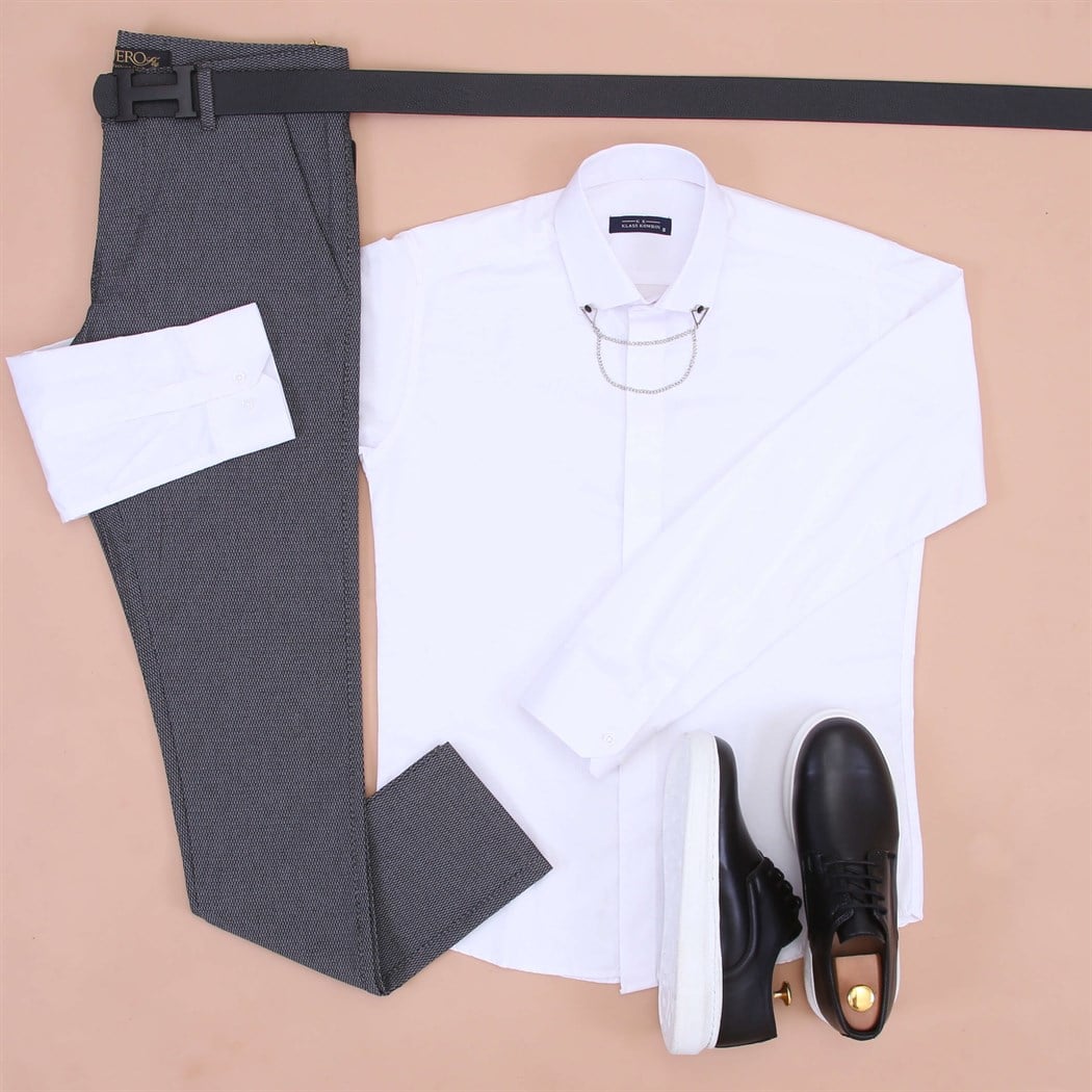 Beyaz Gömlek Kumaş Pantolon Klasik Ayakkabı Koımbini 