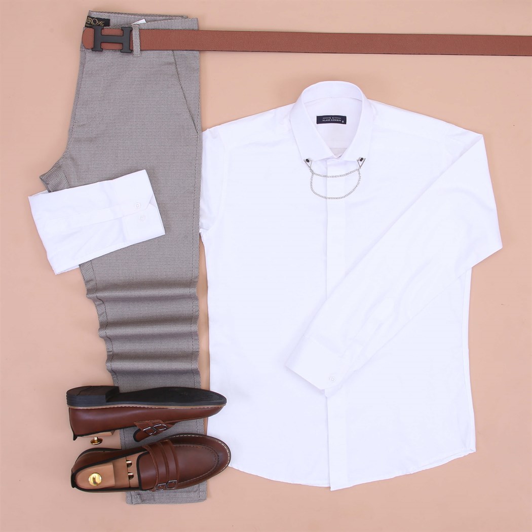 Beyaz Gömlek Kumaş Pantolon Klasik Ayakkabı Koımbini 