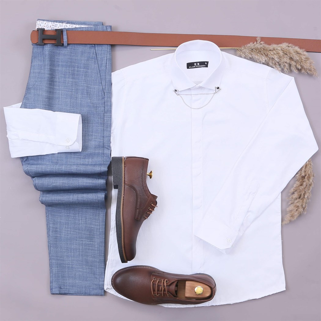 Beyaz Gömlek Mavi Kumaş Pantolon Ayakkabı Kombin