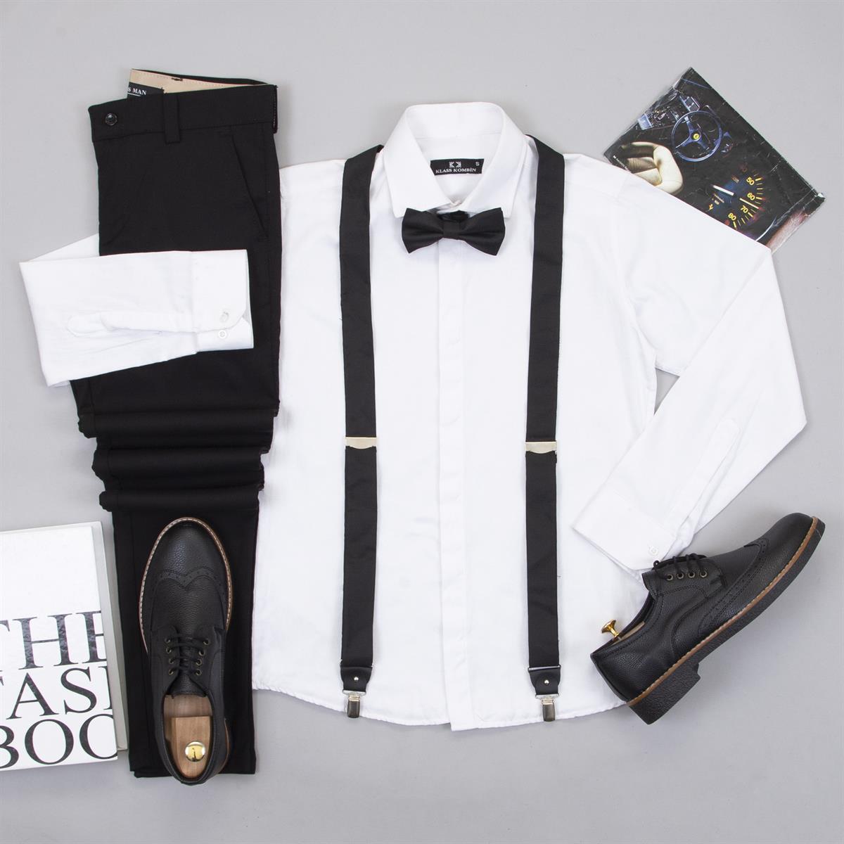 Beyaz Gömlek Pantolon Papyon Askı Ayakkabı Kombin