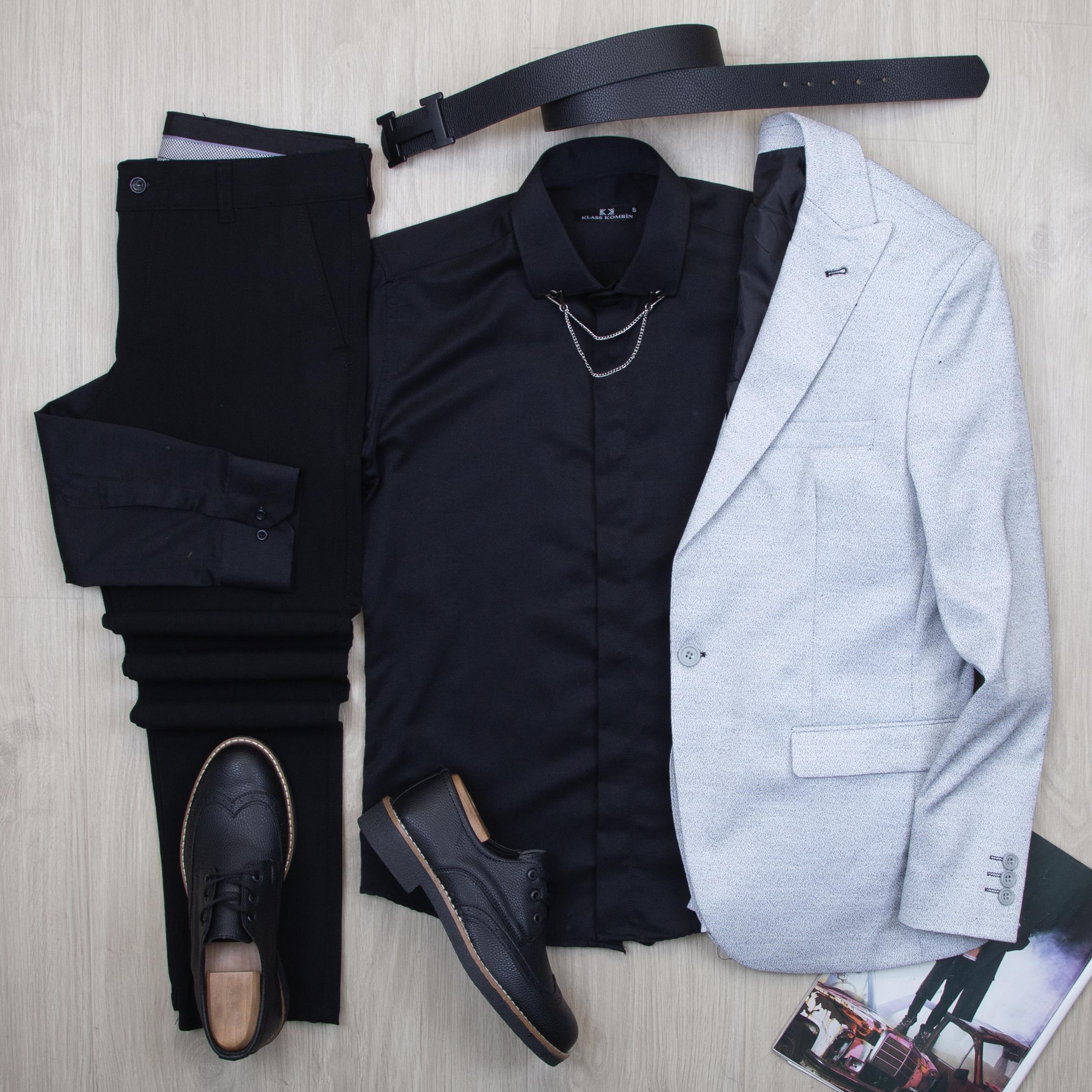 Beyaz Kırçıllı Blazer Ceket Gömlek Pantolon Ayakkabı Kombin