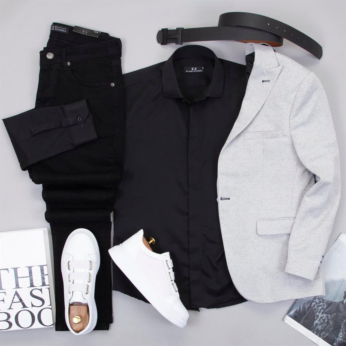 Beyaz Kırçıllı Blazer Ceket Gömlek Pantolon Ayakkabı Kombin