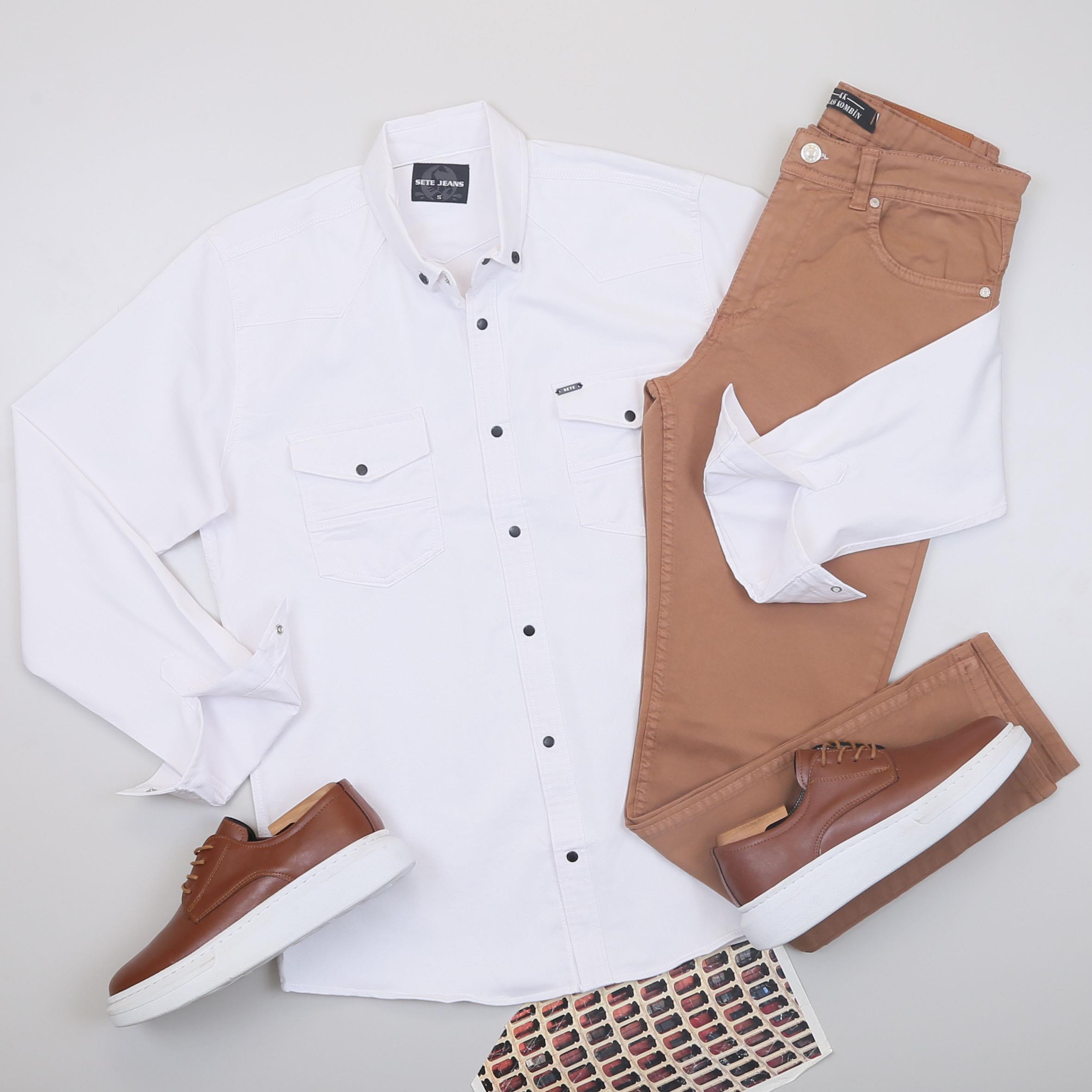 Beyaz Pamuklu Kot Gömlek Tişört Pantolon Ayakkabı Kombin